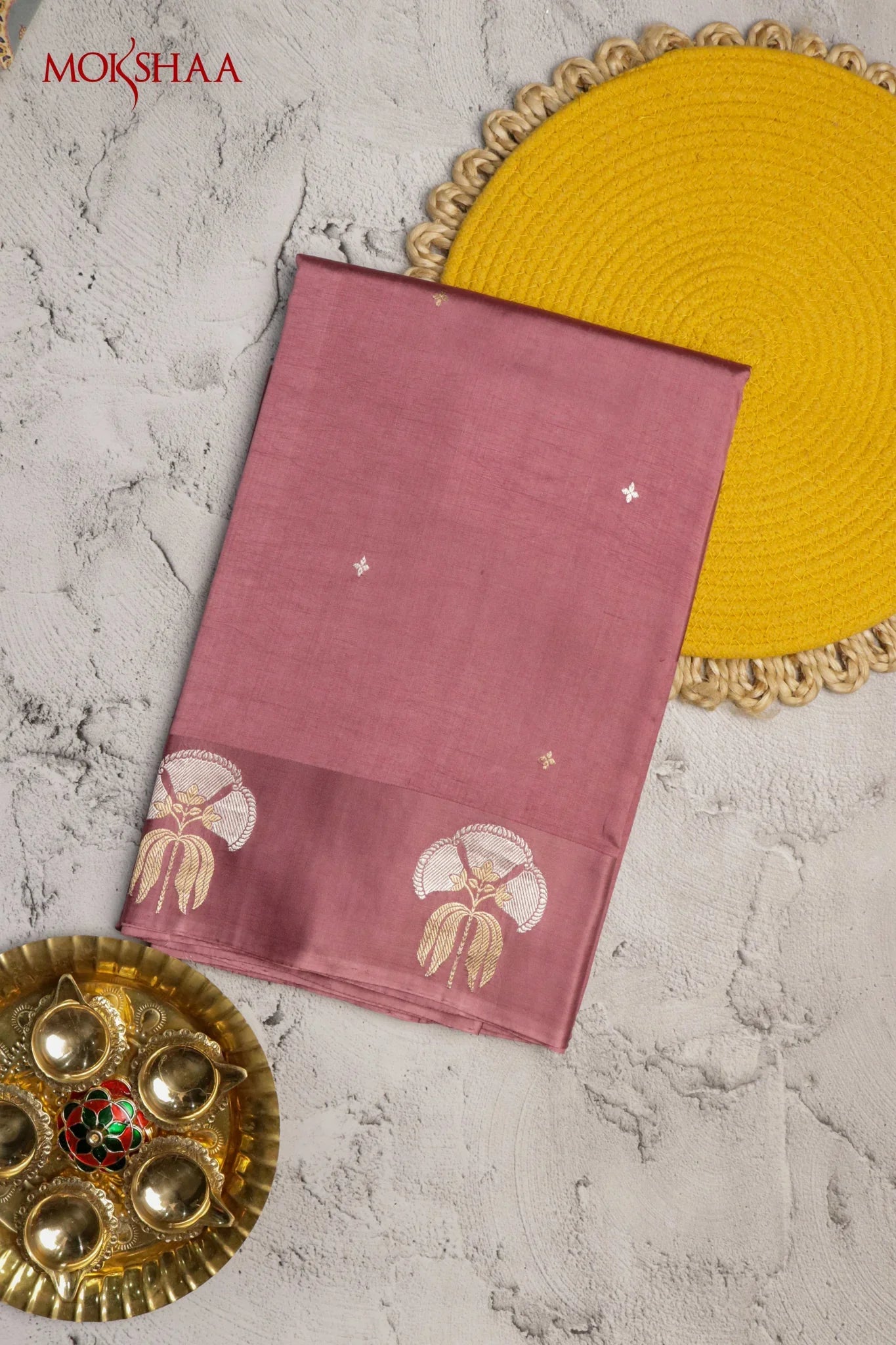 Dusty Pink Banarasi Chanderi Silk Saree with Small Motifs & Brocade Blouse - Mokshaa