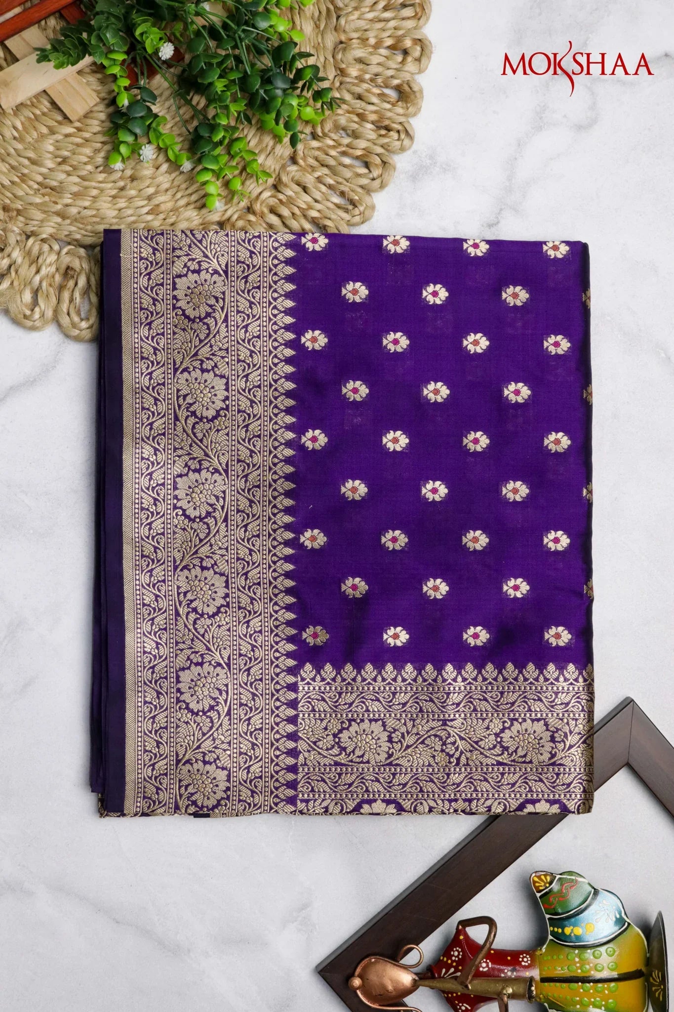 Purple Banarasi Silk Saree with Butti & Zari Border - Mokshaa