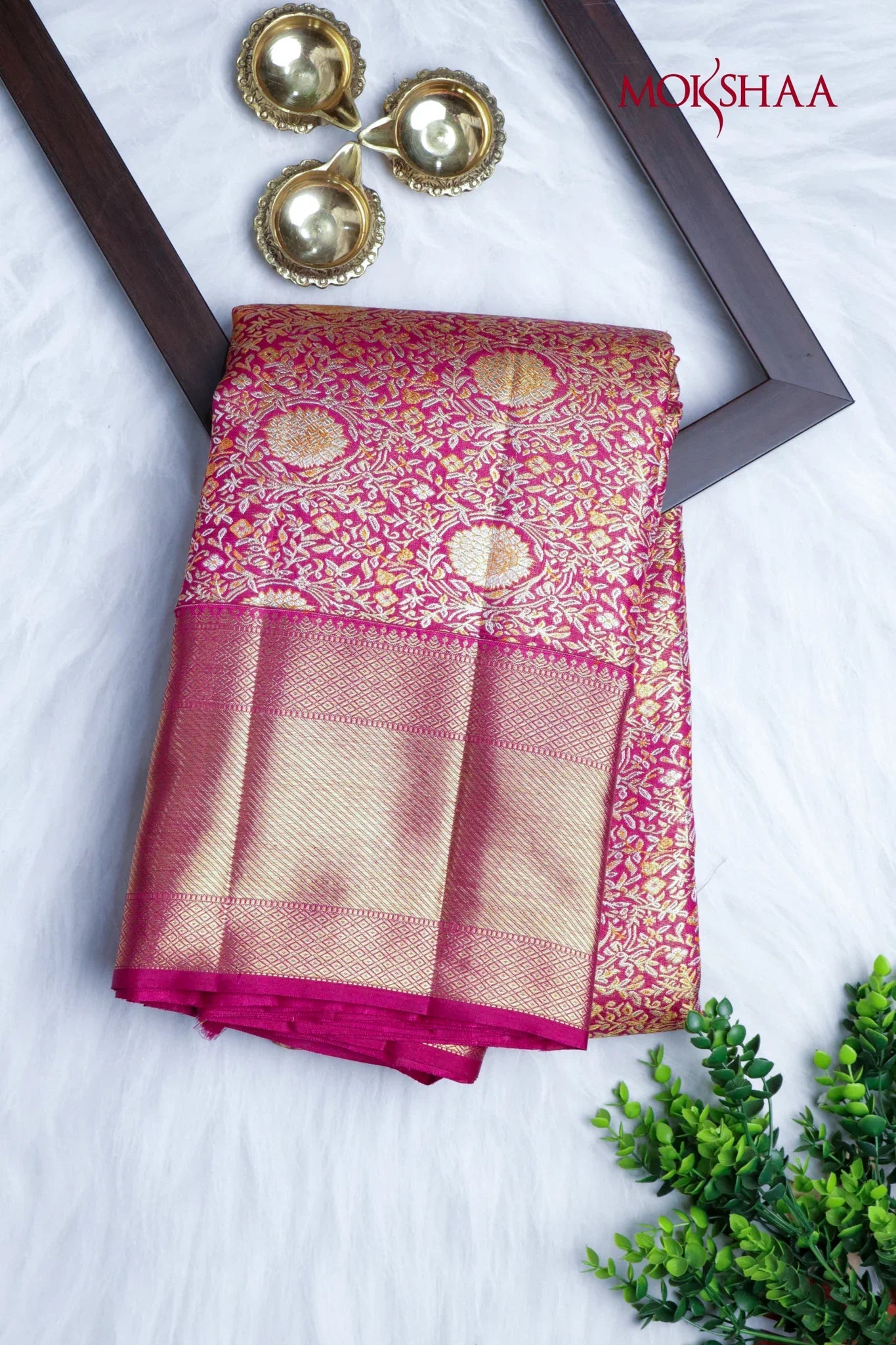 Pink Kanchivaram Silk Saree with Golden Zari & Meena Weaving - Mokshaa