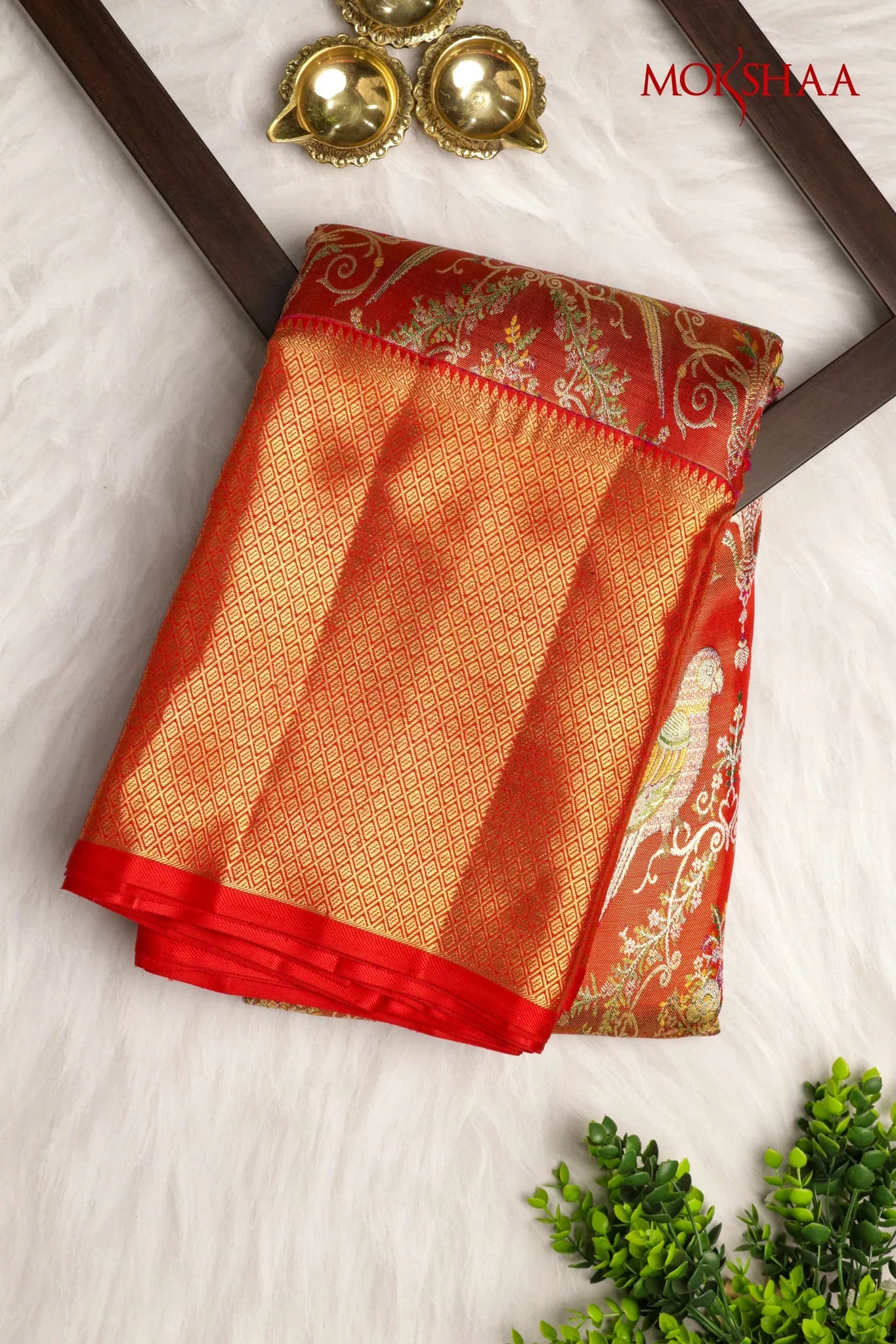 Rust Red Kanchivaram Tissue Silk Saree with Meena Weaving & Zari Border - Mokshaa