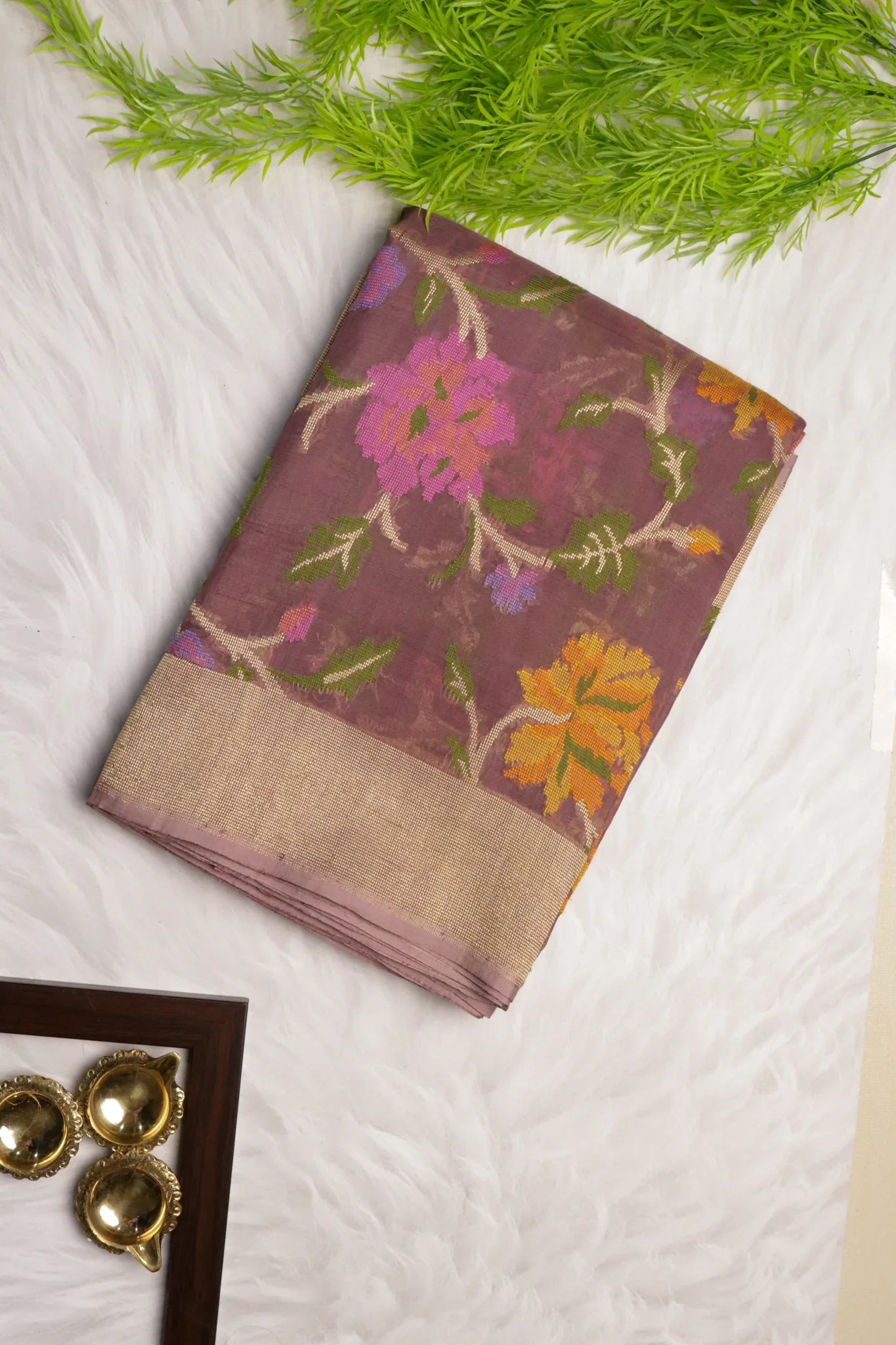 Violet Banarasi Kora Silk Saree with Zari & Multicolor Thread Jaal - Mokshaa