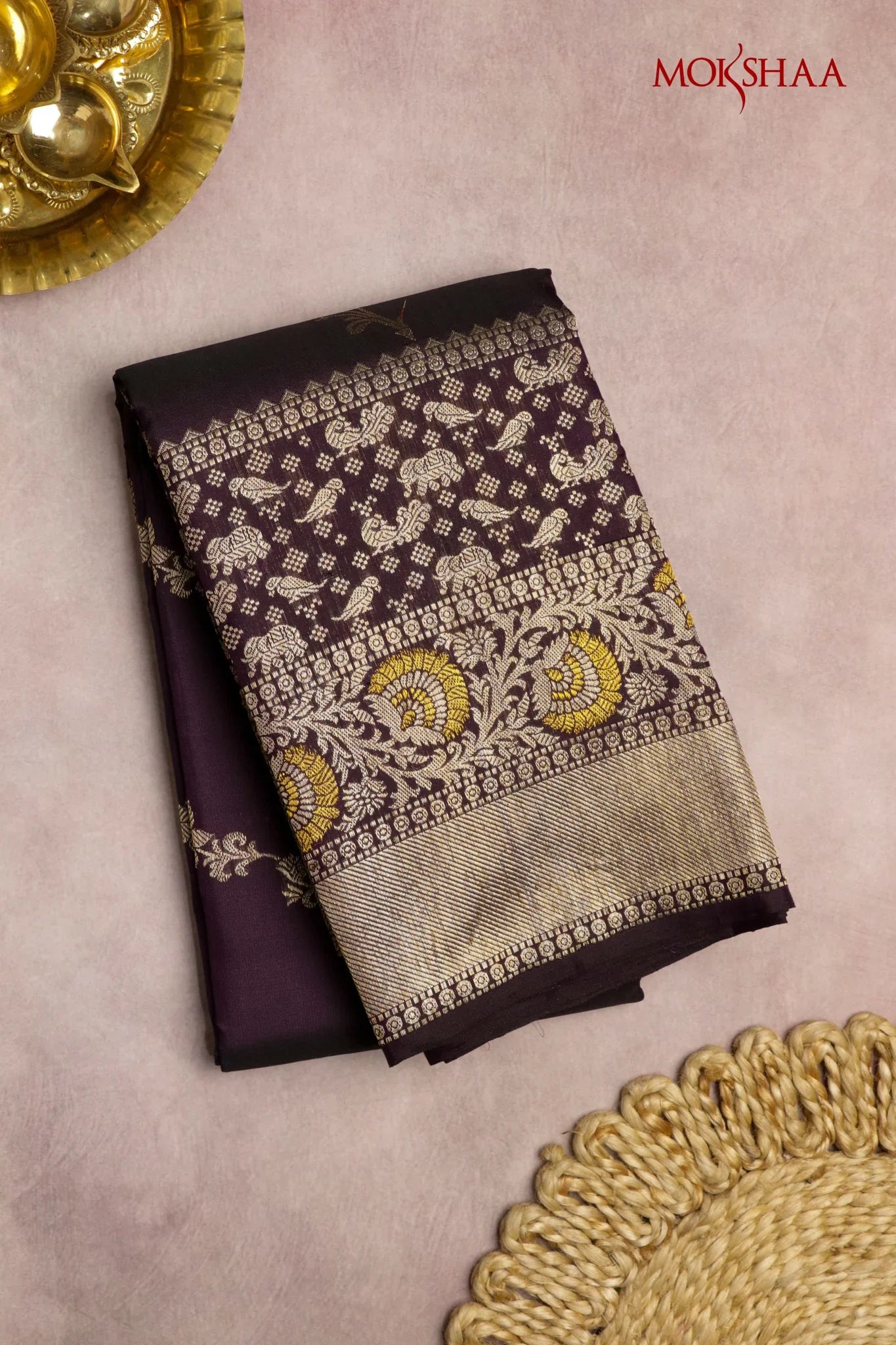Wine Kanchivaram Silk Saree with Zari Stripes and Fancy Border - Mokshaa