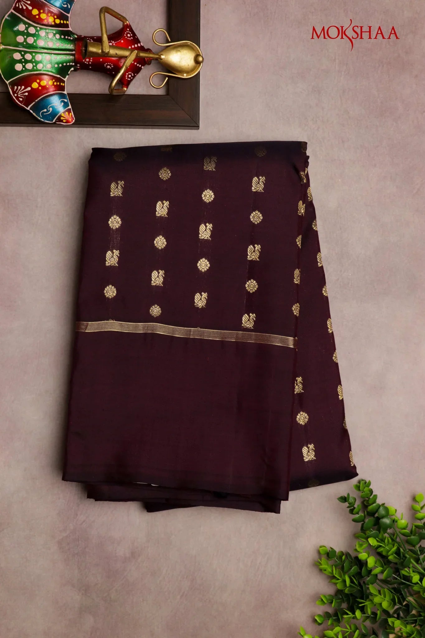 Dark Brown Kanchivaram Silk Saree with Small Zari Buttas & Plain Border - Mokshaa