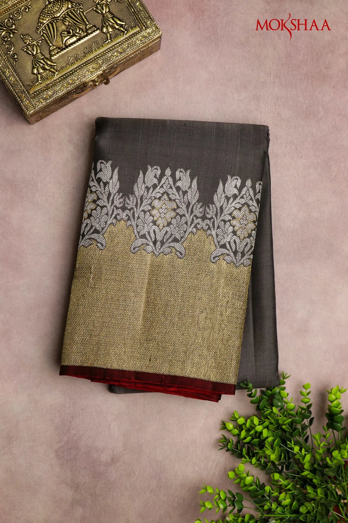 Elephant Grey Kanchivaram Silk Saree with Silver-Gold Border - Mokshaa