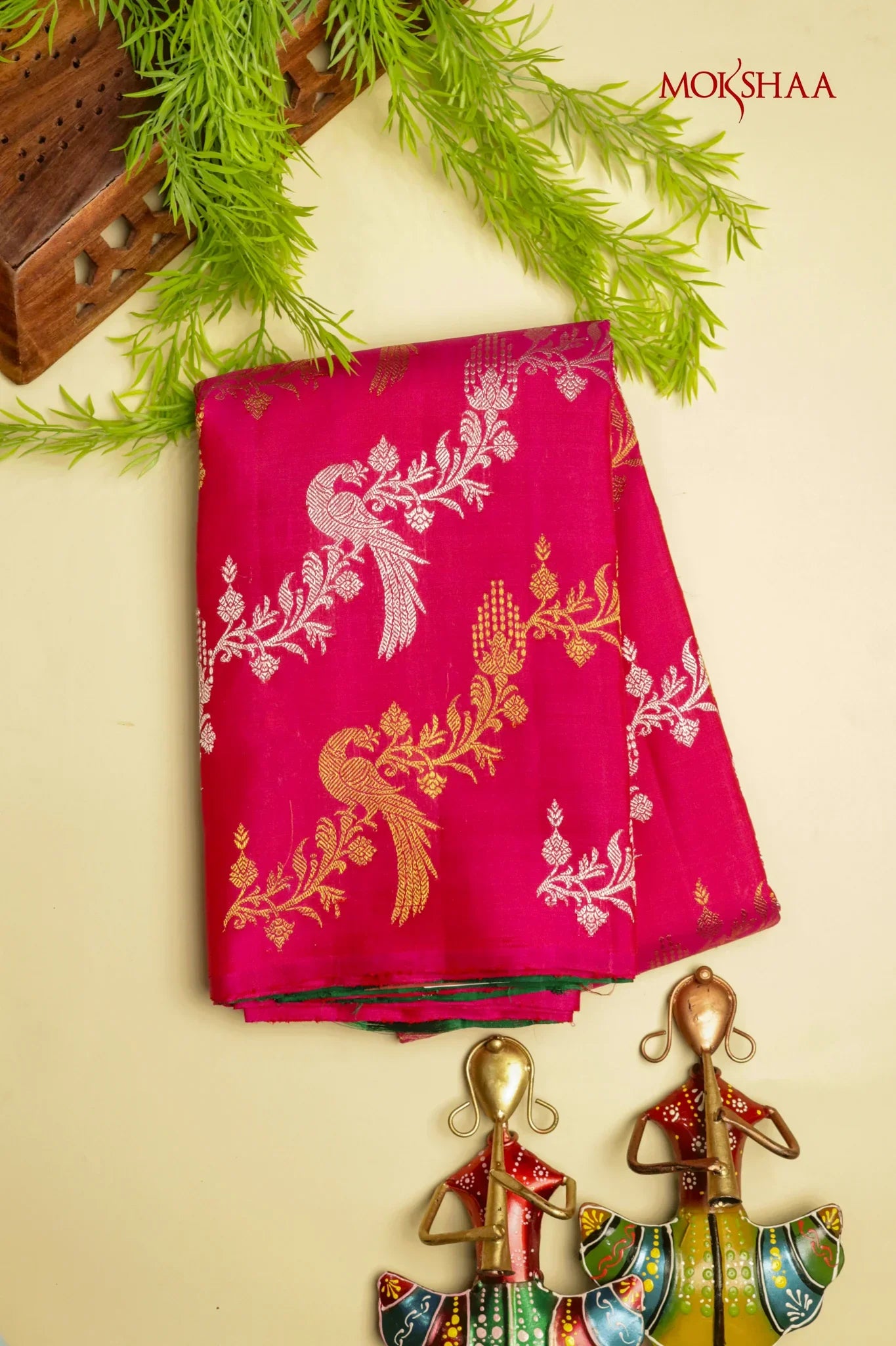 Rani Pink Kanchivaram Silk Saree with Silver & Gold Zari Weaving - Mokshaa