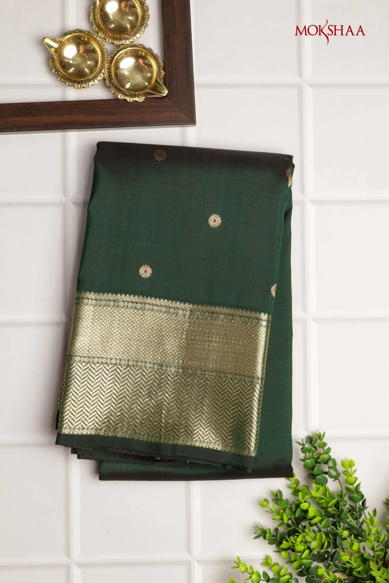 Bottle Green Kanchivaram Silk Saree with Zari Butti and Self Blouse - Mokshaa