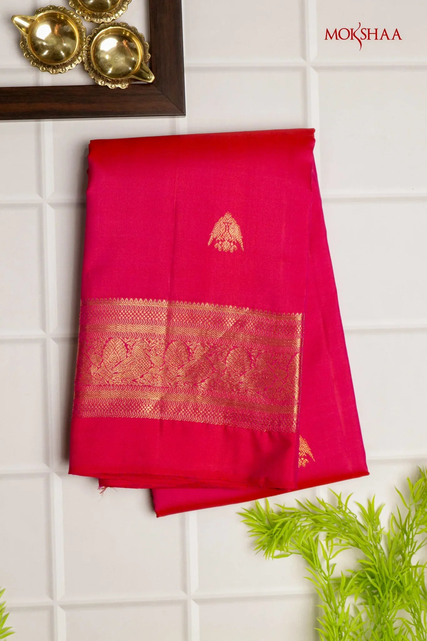 Tomato Pink Kanchivaram Silk Saree with Zari Border - Mokshaa