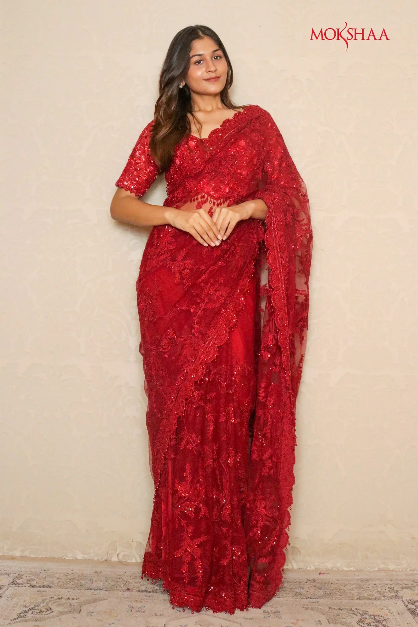 Red Net Saree with Thread & Sequin Embroidery - Mokshaa