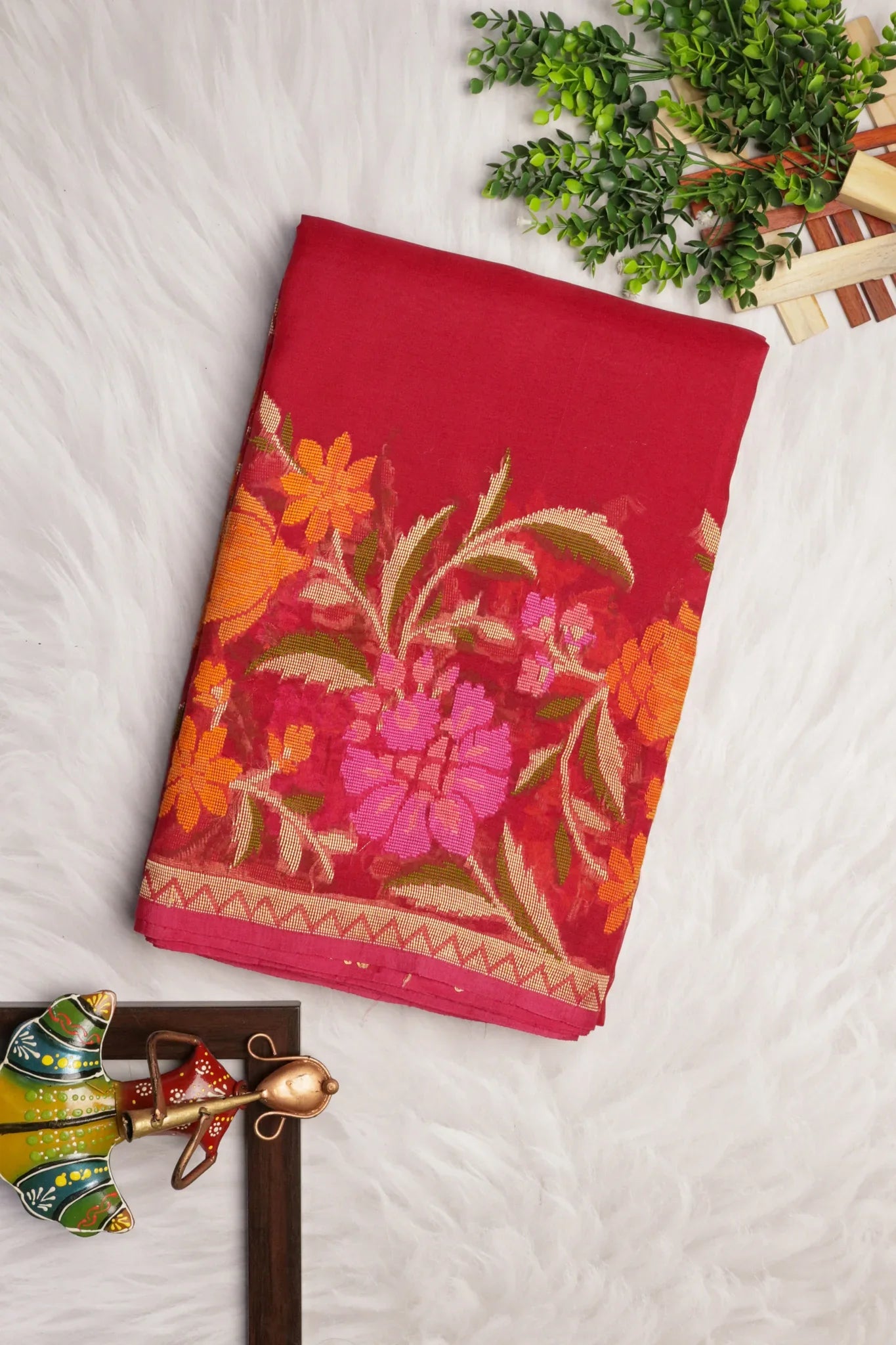 Tomato Pink Banarasi Kora Silk Saree with Multicolor Zari Weaving - Mokshaa