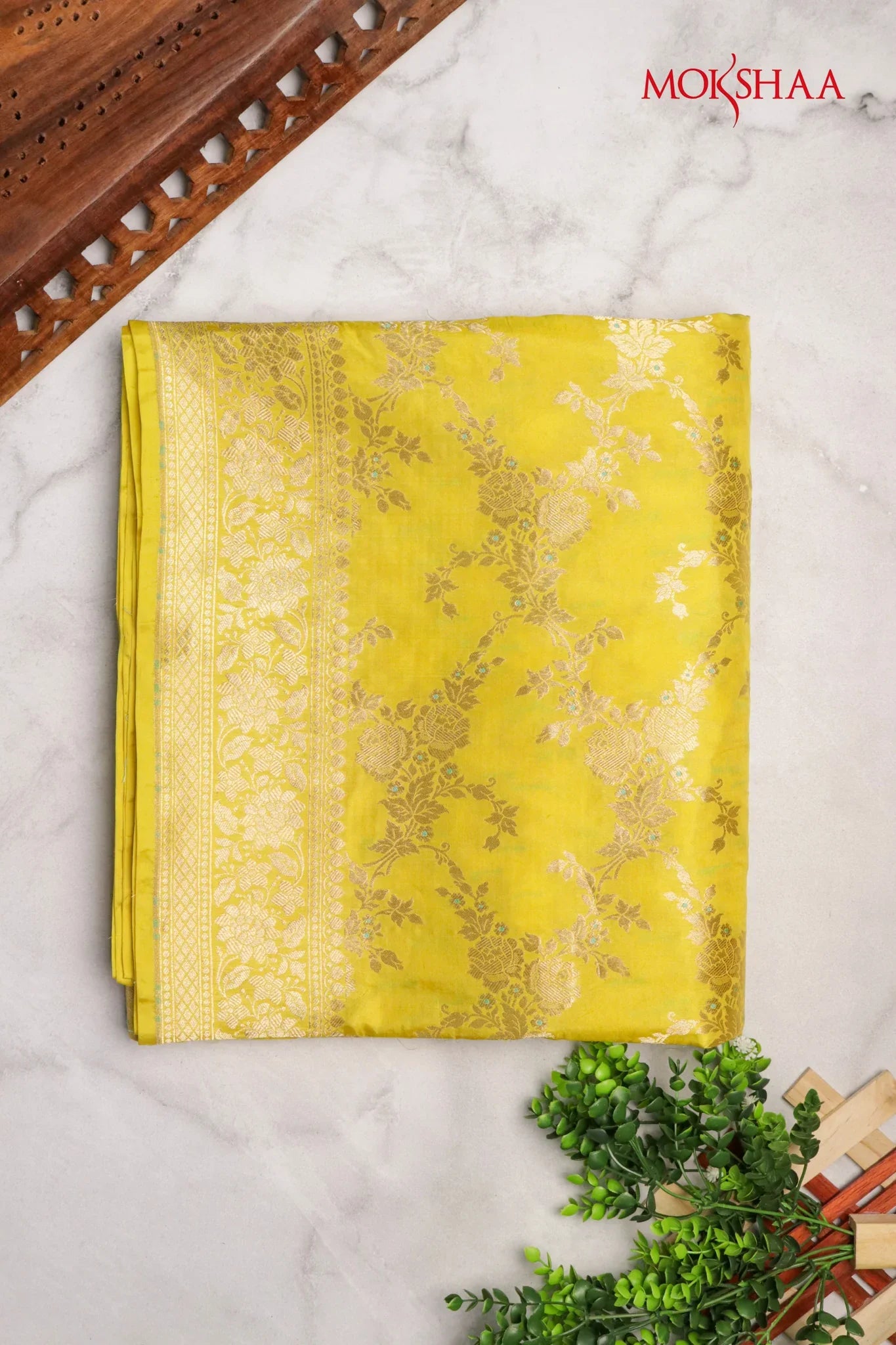 Lemon Yellow Banarasi Silk Saree with Zari Jaal - Mokshaa