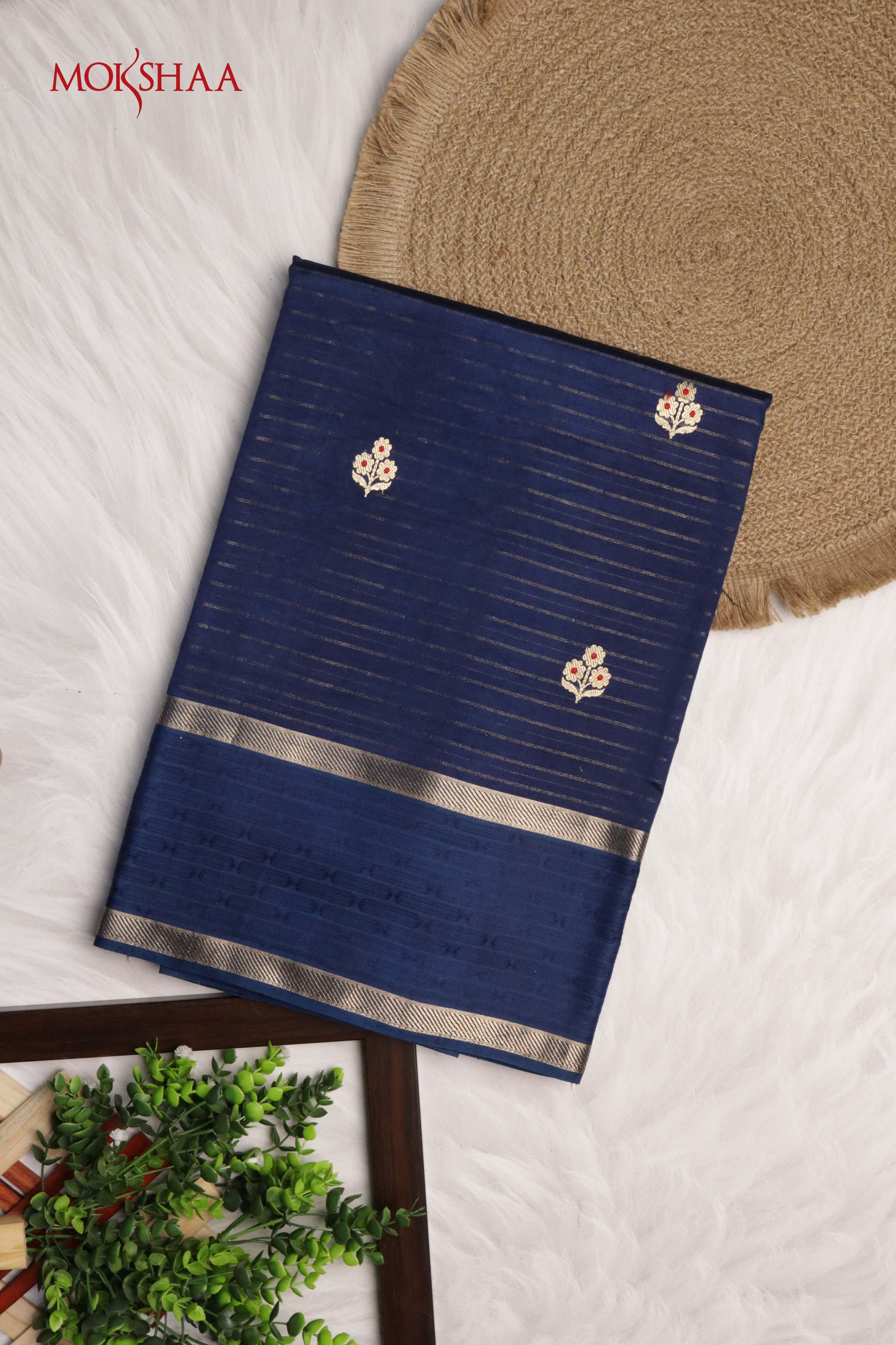 Blue Banarasi Chanderi Silk Saree with Zari Stripes and Butti - Mokshaa