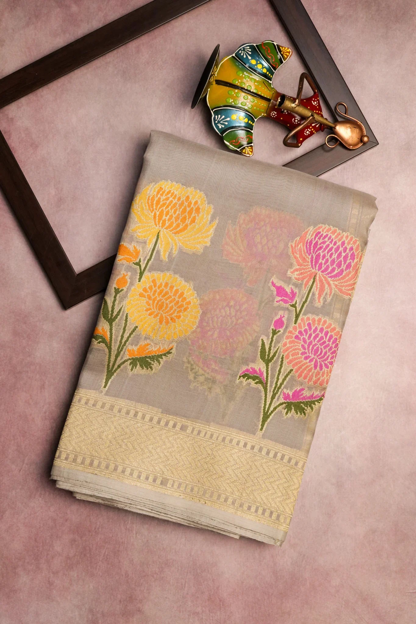 Ash Grey Banarasi Kora Silk Saree with Zari & Thread Woven Border - Mokshaa