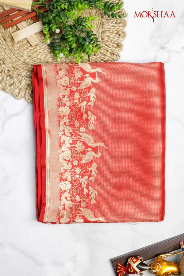 Red Banarasi Silk Saree with Self Zari Weaving and Ornate Fancy Border | Saree | Mokshaa