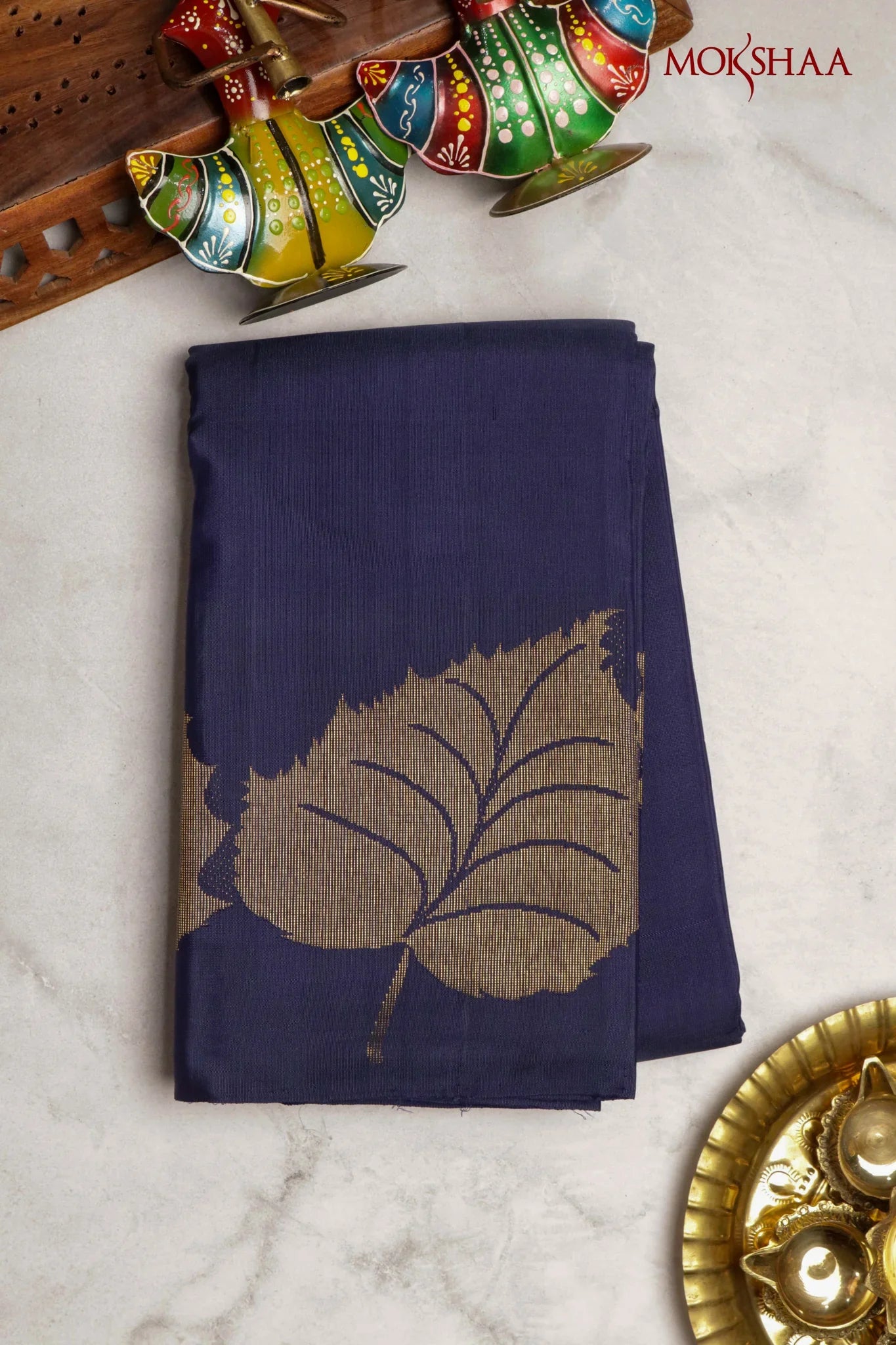 Navy Blue Kanchivaram Silk Saree with Gold Leaf Zari - Mokshaa