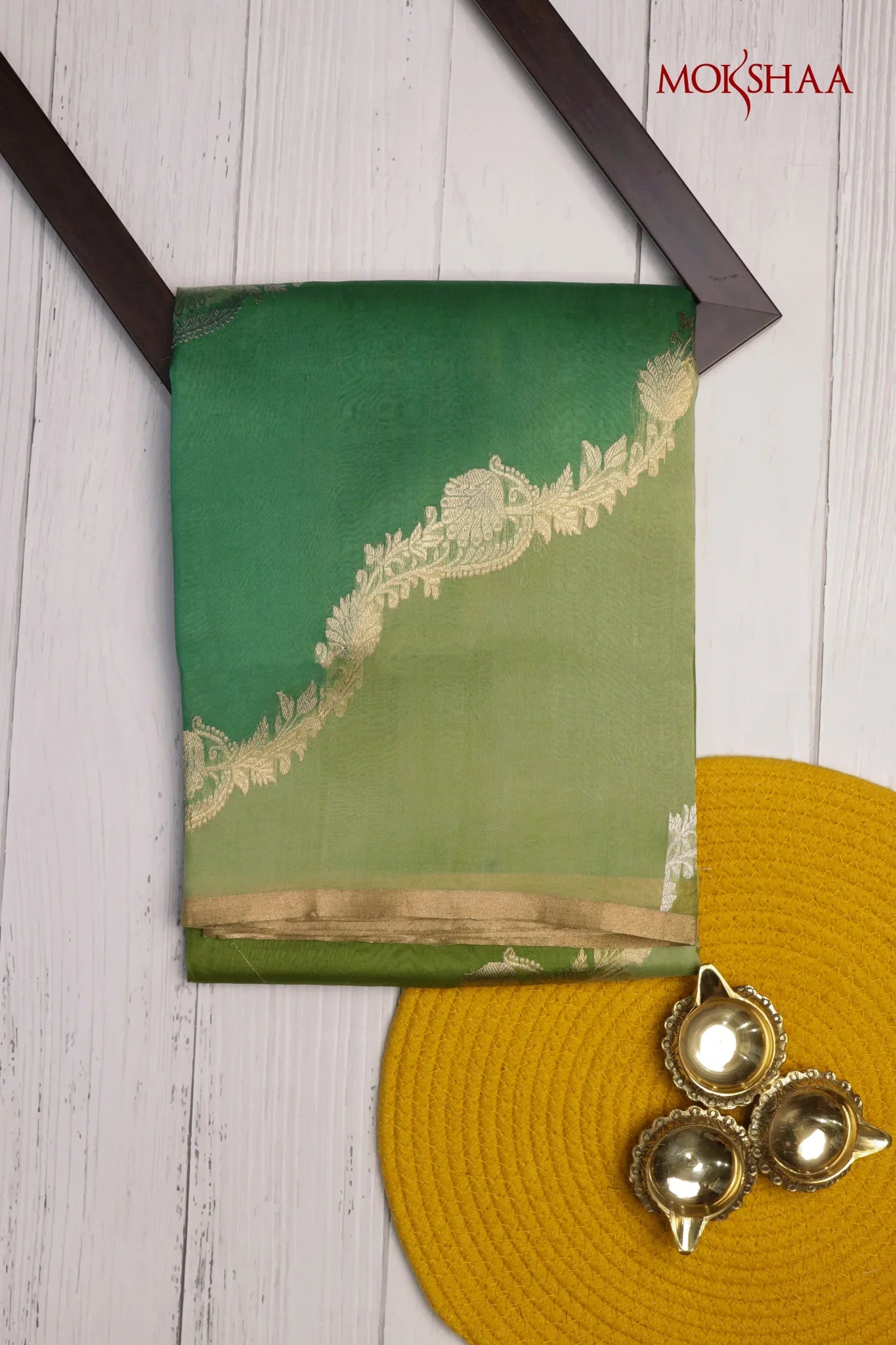 Multi-Green Banarasi Kora Saree with Zari Embroidered Motifs - Mokshaa