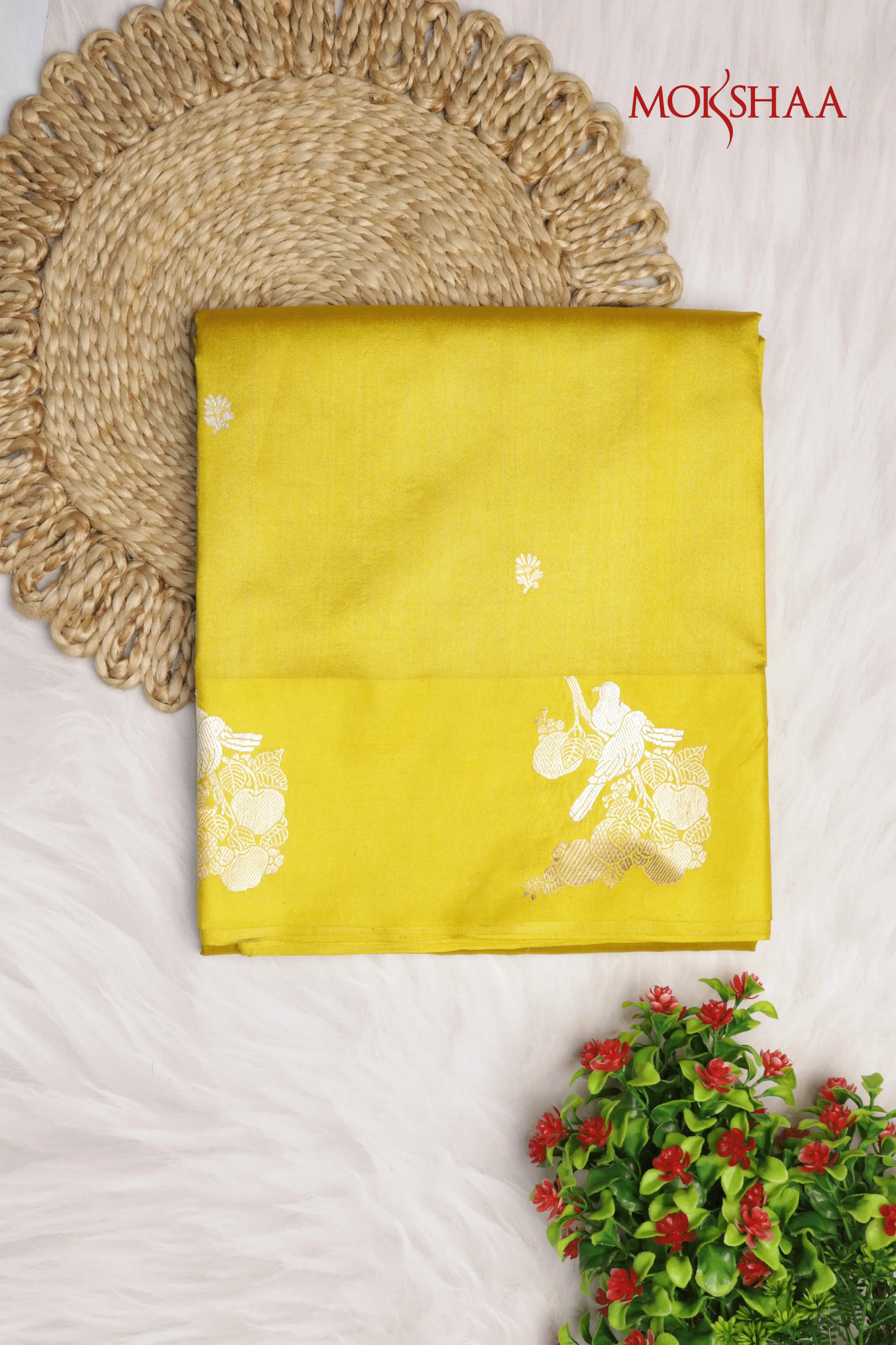 Lime Yellow Banarasi Chanderi Silk Saree with Bird Motif and Satin Border - Mokshaa