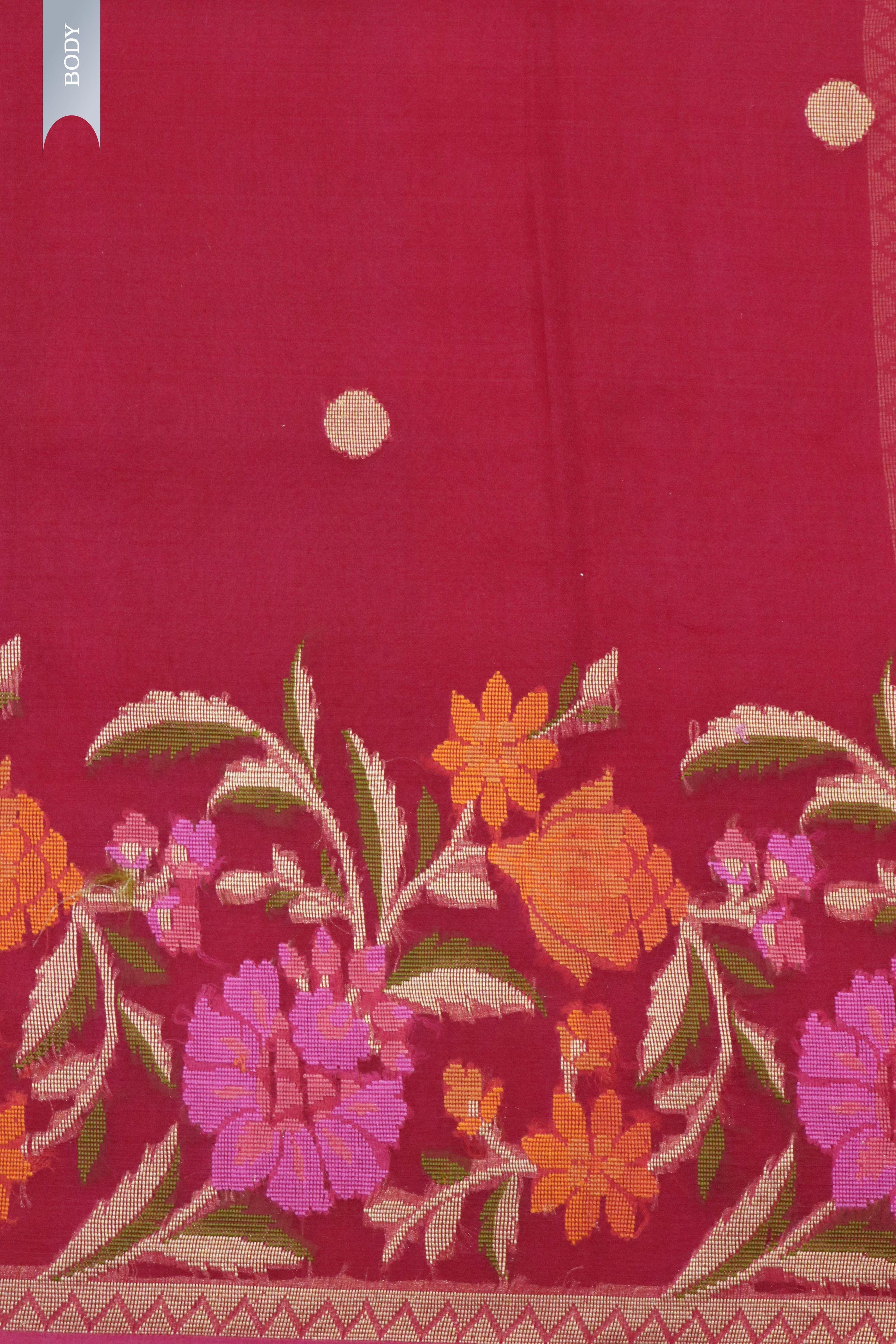 Tomato Pink Banarasi Kora Silk Saree with Multicolor Zari Weaving - Mokshaa