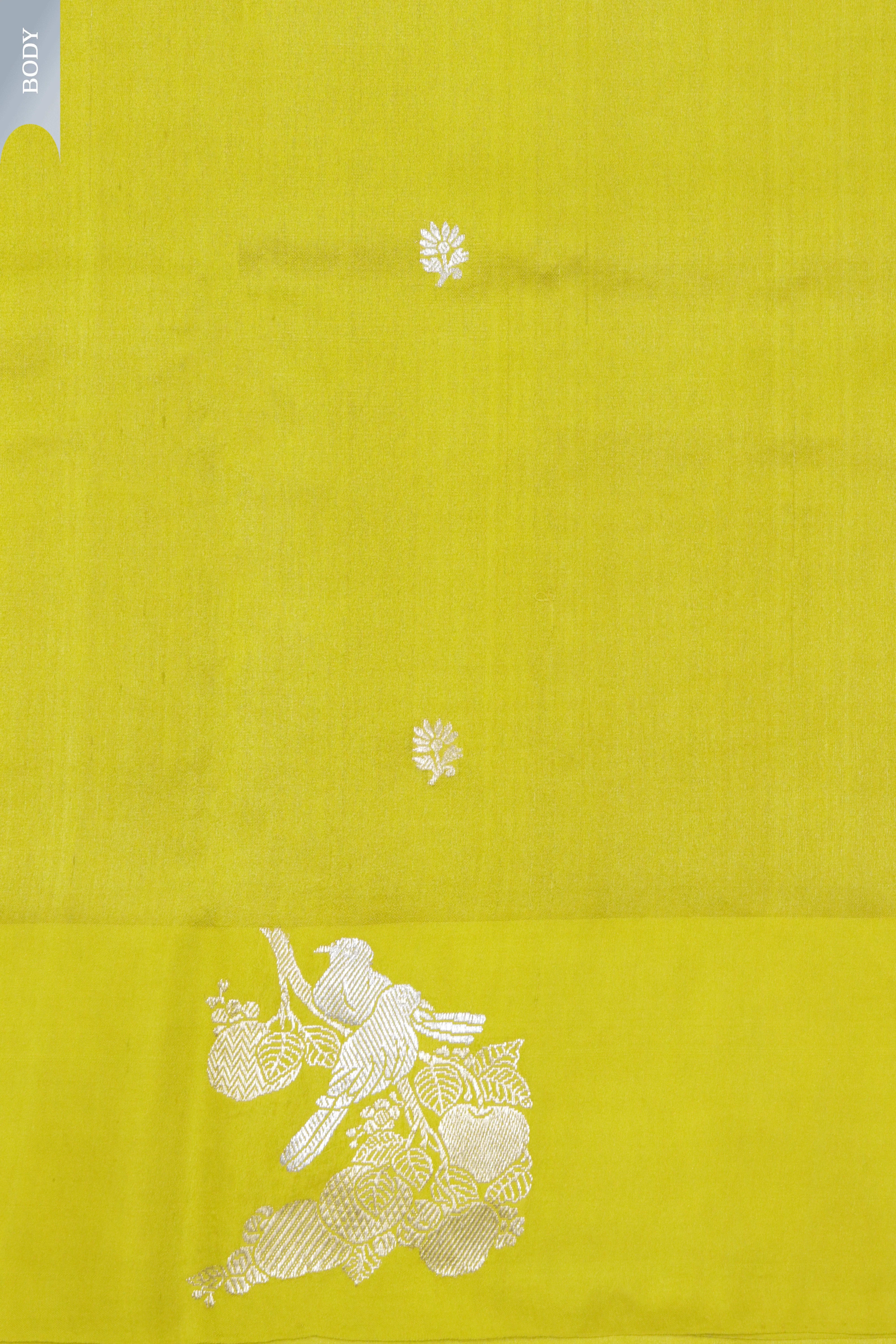 Lime Yellow Banarasi Chanderi Silk Saree with Bird Motif and Satin Border - Mokshaa