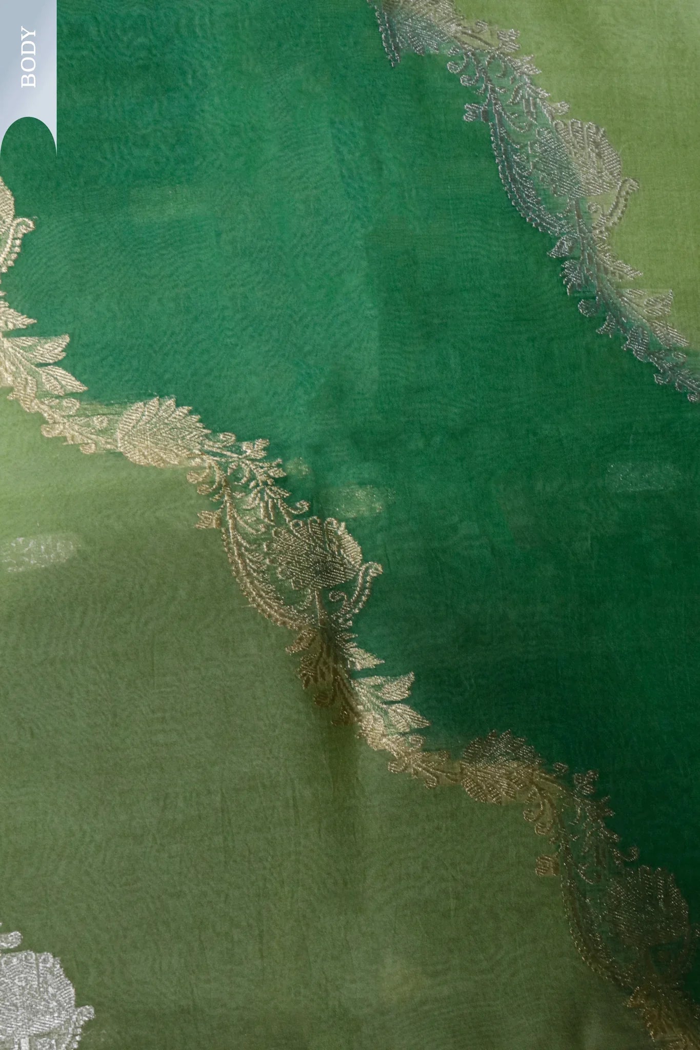 Multi-Green Banarasi Kora Saree with Zari Embroidered Motifs - Mokshaa