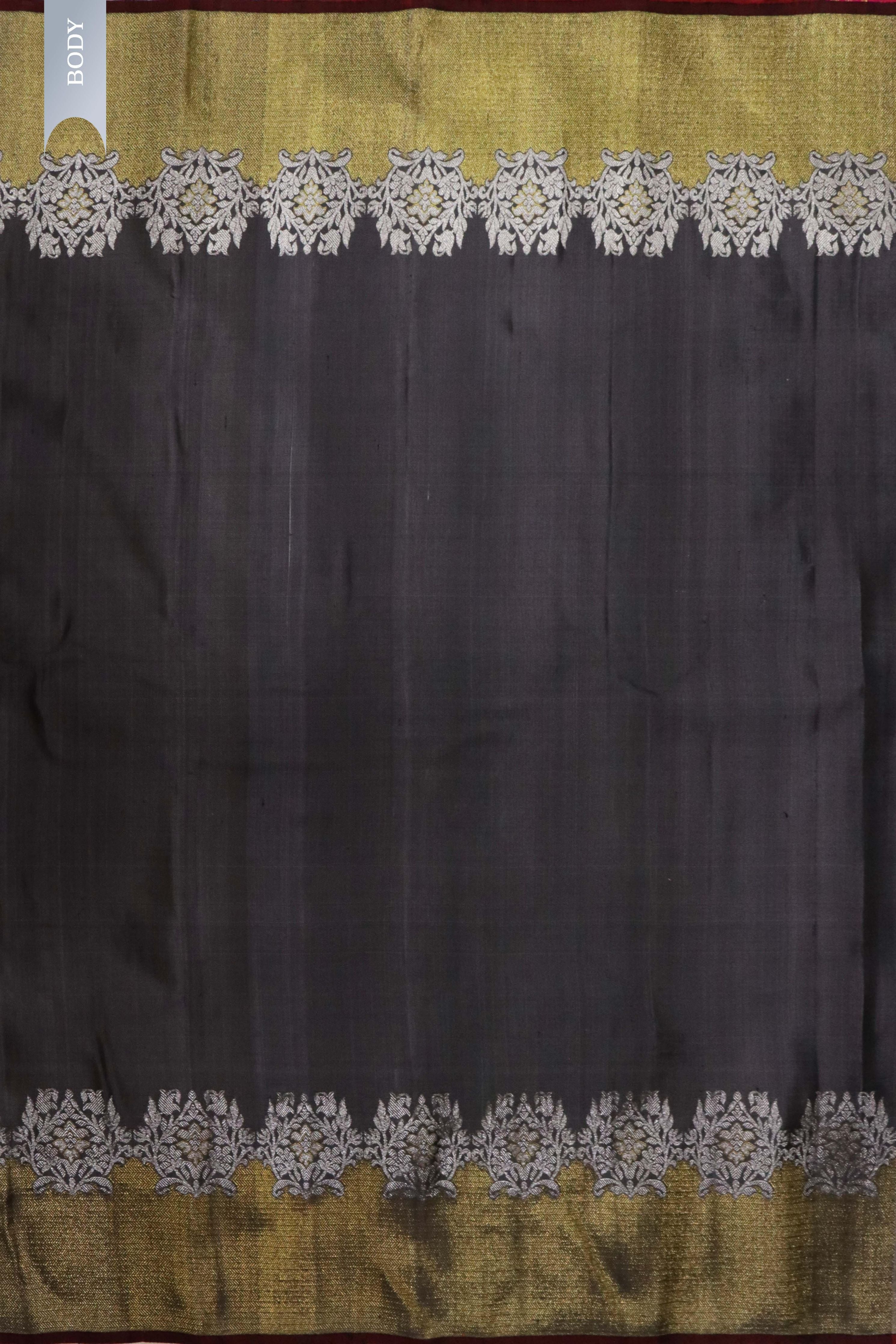 Elephant Grey Kanchivaram Silk Saree with Silver-Gold Border - Mokshaa