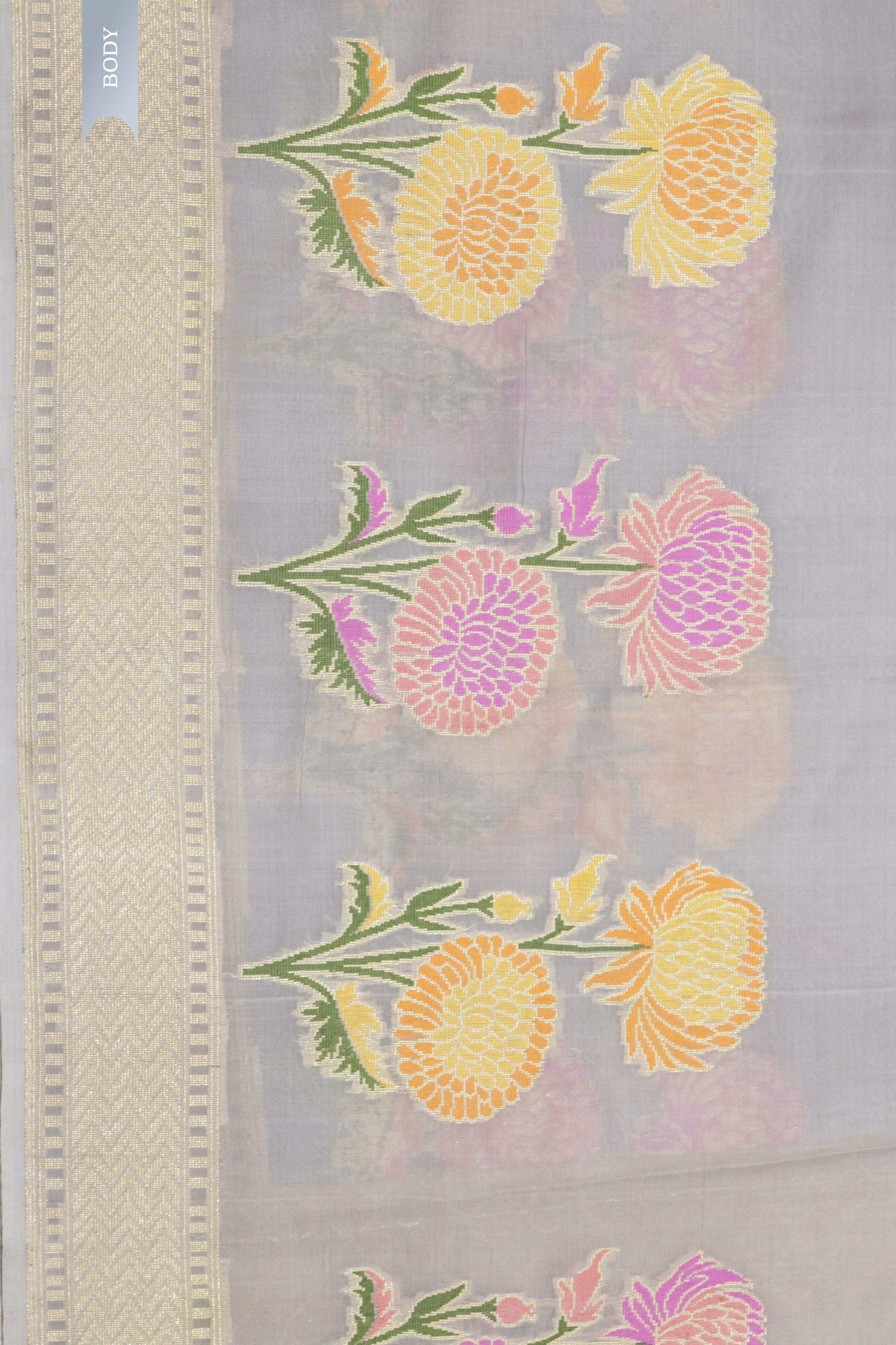 Ash Grey Banarasi Kora Silk Saree with Zari & Thread Woven Border - Mokshaa