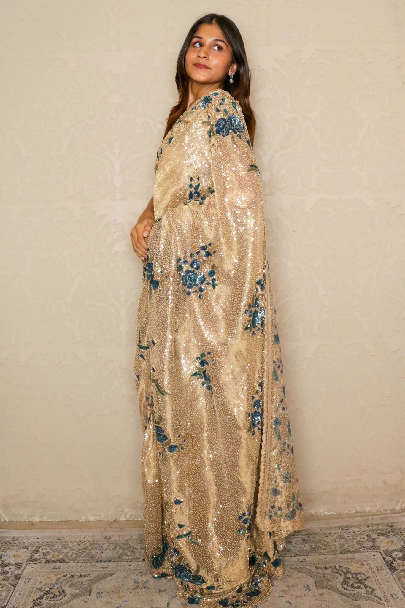 Gold Sequin Organza Saree with Matching Blouse - Mokshaa