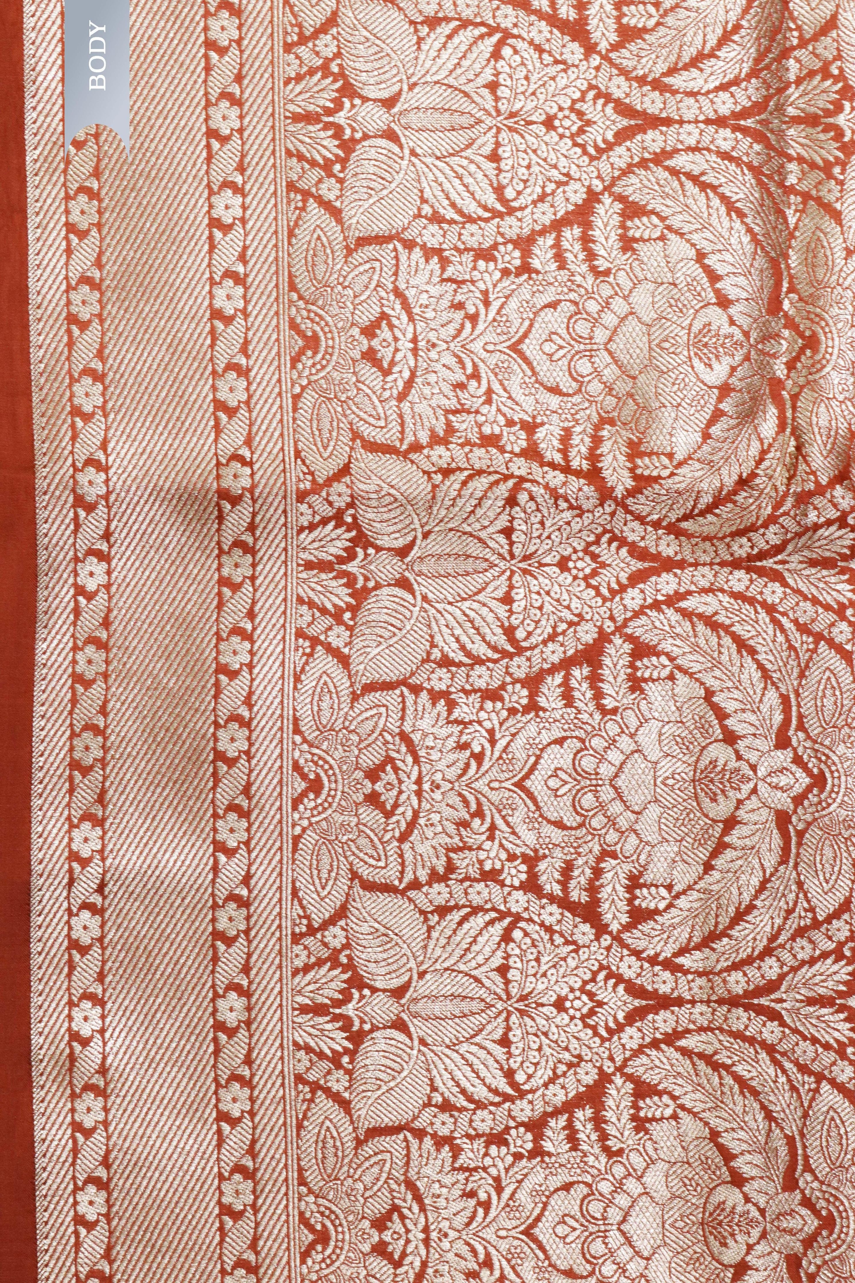 Orange Banarasi Silk Saree with Brocade Zari Jaal and Zari Border - Mokshaa