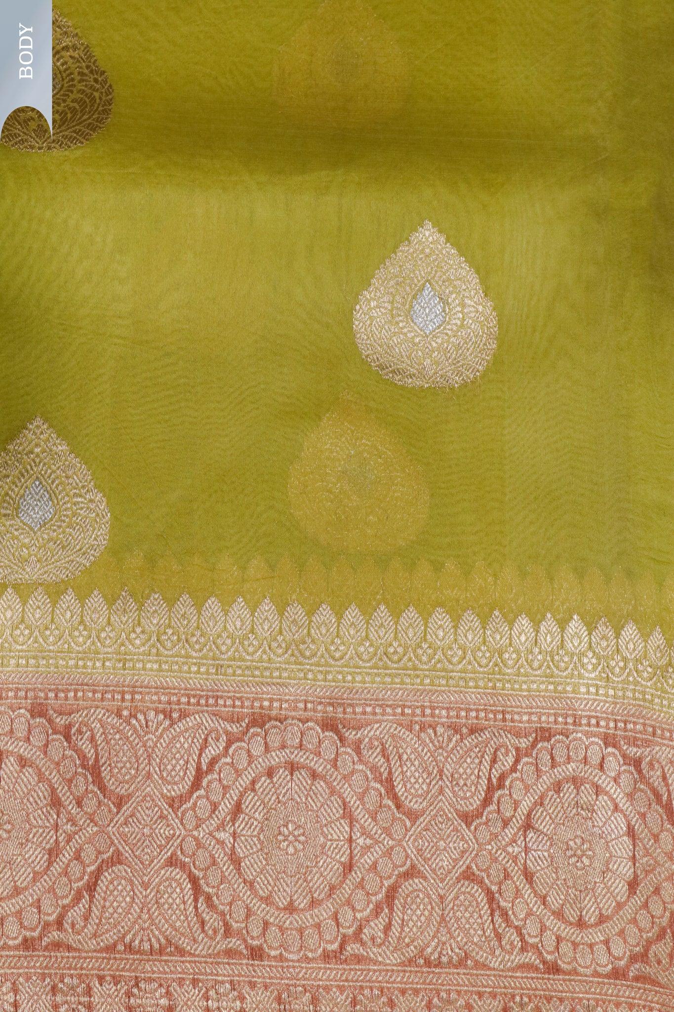 Greenish Yellow Banarasi Kora Saree with Gold-Silver Motifs & Contrast Blouse - Mokshaa