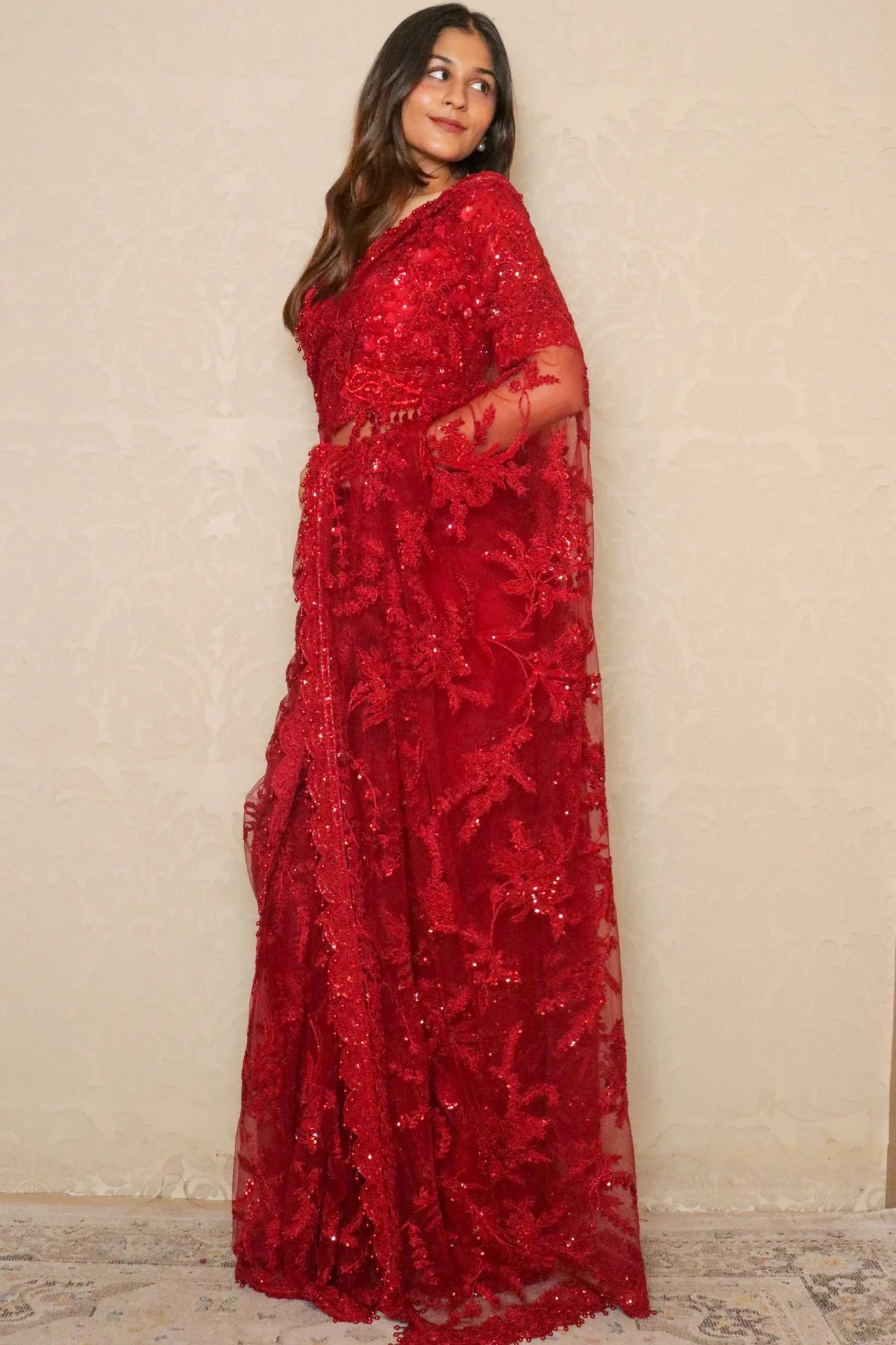 Red Net Saree with Thread & Sequin Embroidery - Mokshaa