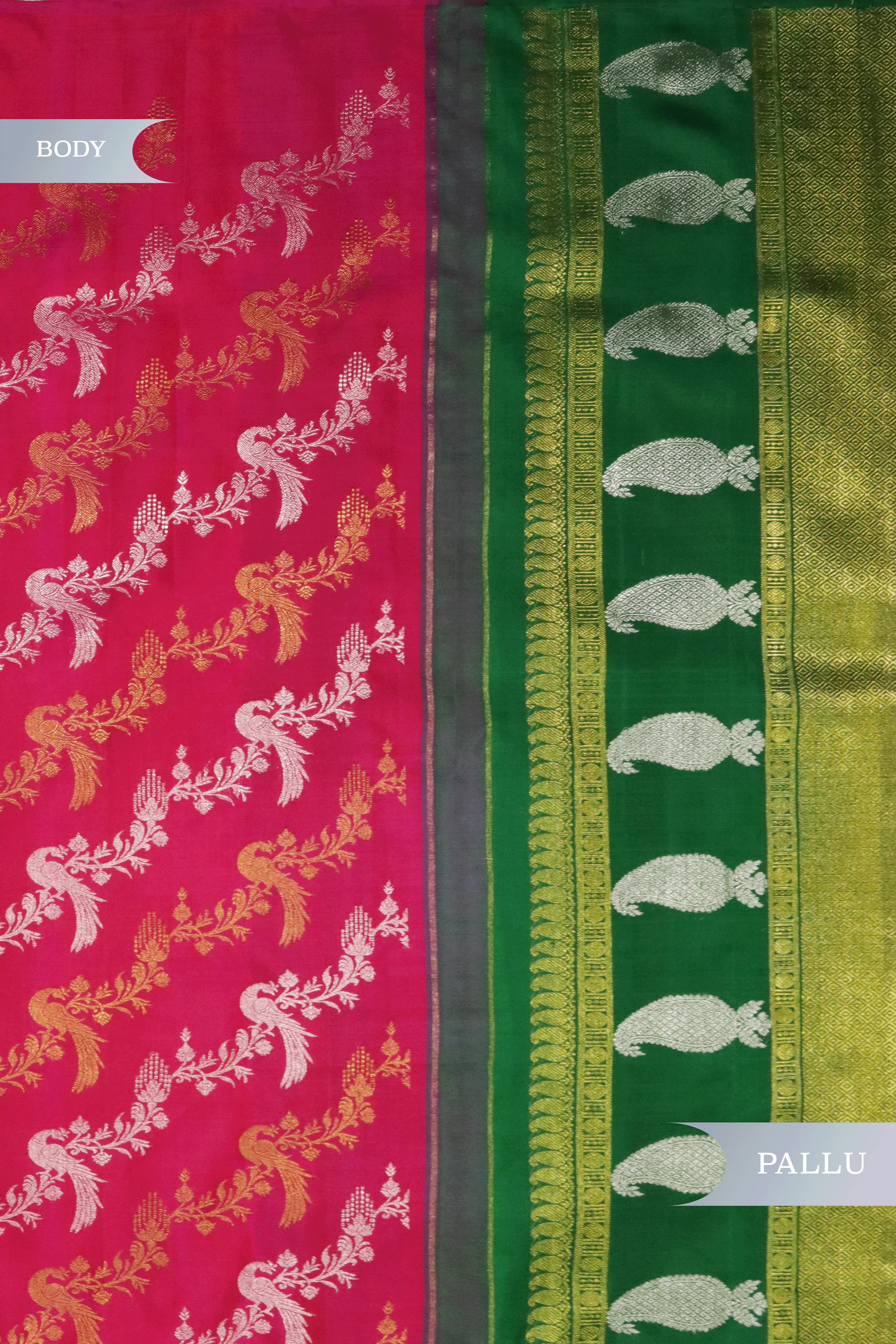 Rani Pink Kanchivaram Silk Saree with Silver & Gold Zari Weaving - Mokshaa