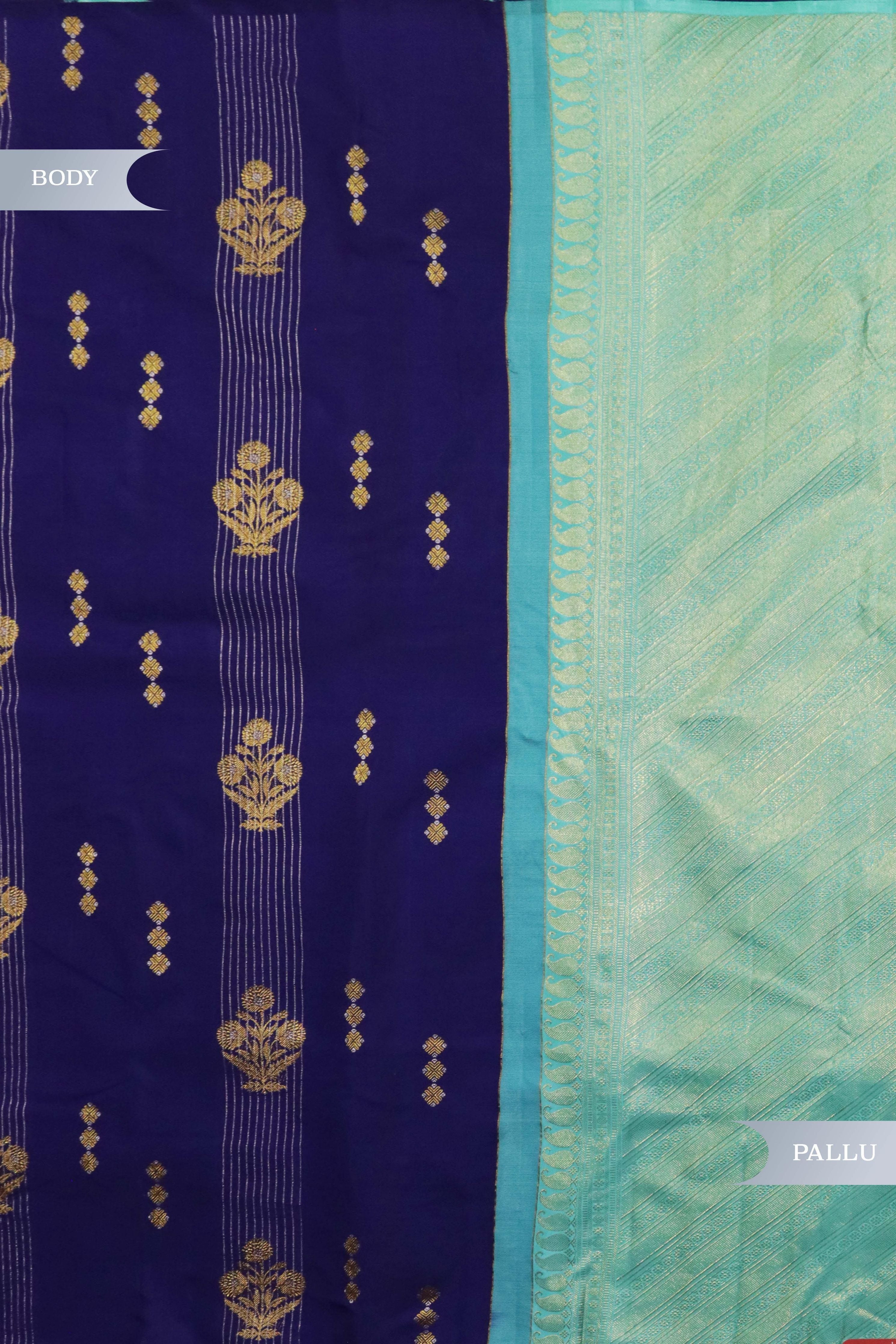 Ink Blue Kanchivaram Silk Saree with Zari Buttas & Contrast Pallu - Mokshaa