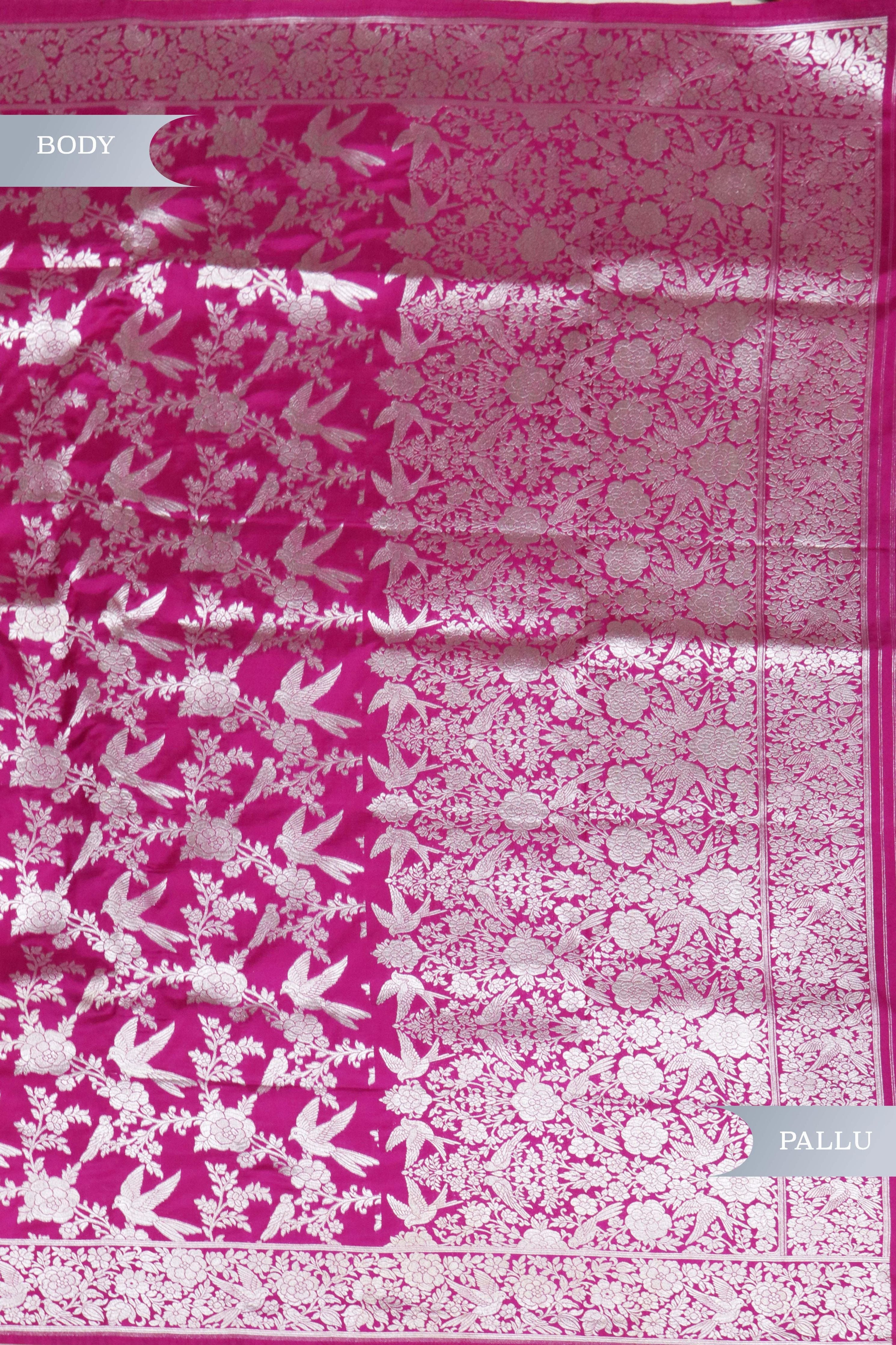 Magenta Banarasi Silver Zari Jaal Saree - Mokshaa