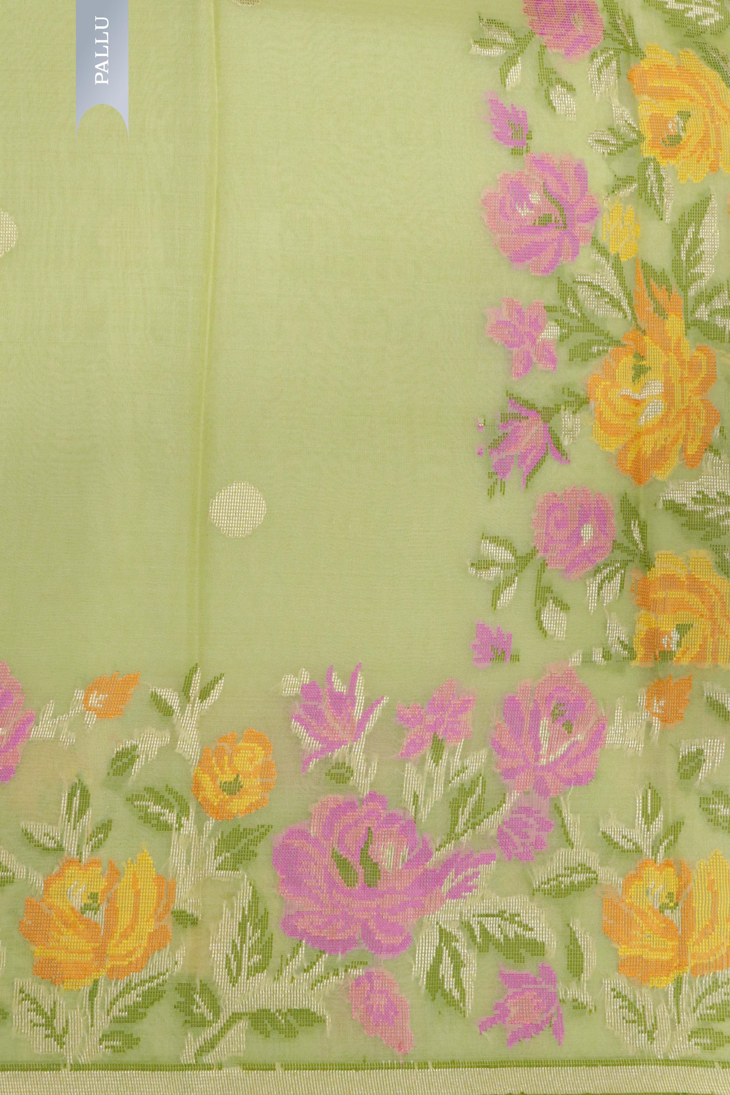 Pista Green Banarasi Kora Silk Saree with Multicolor Zari & Thread Weaving - Mokshaa