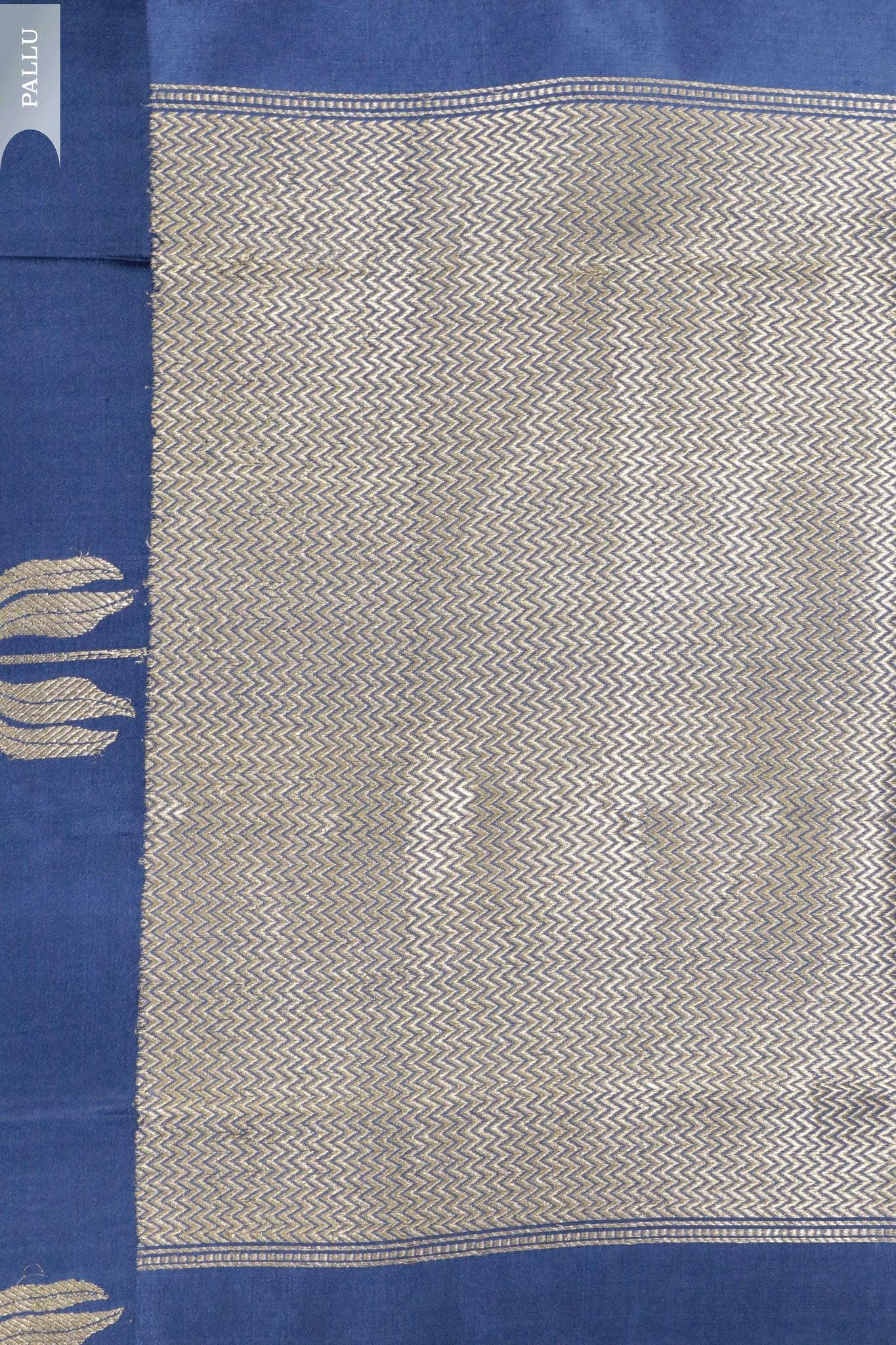 Midnight Blue Banarasi Chanderi Silk Saree with Floral Buttas & Satin Border - Mokshaa