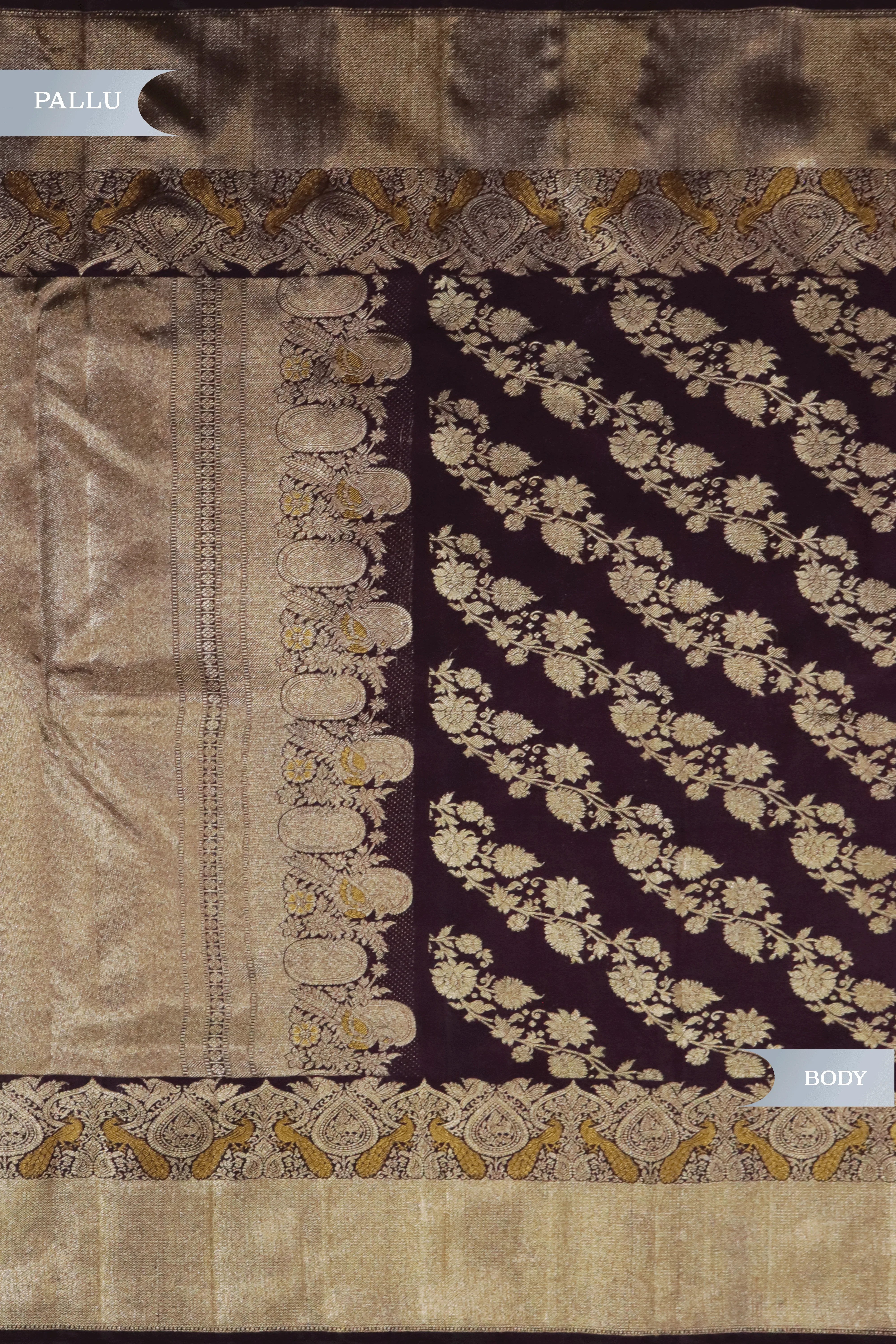 Dark Brown Kanchivaram Silk Saree with Peacock Motif Border - Mokshaa
