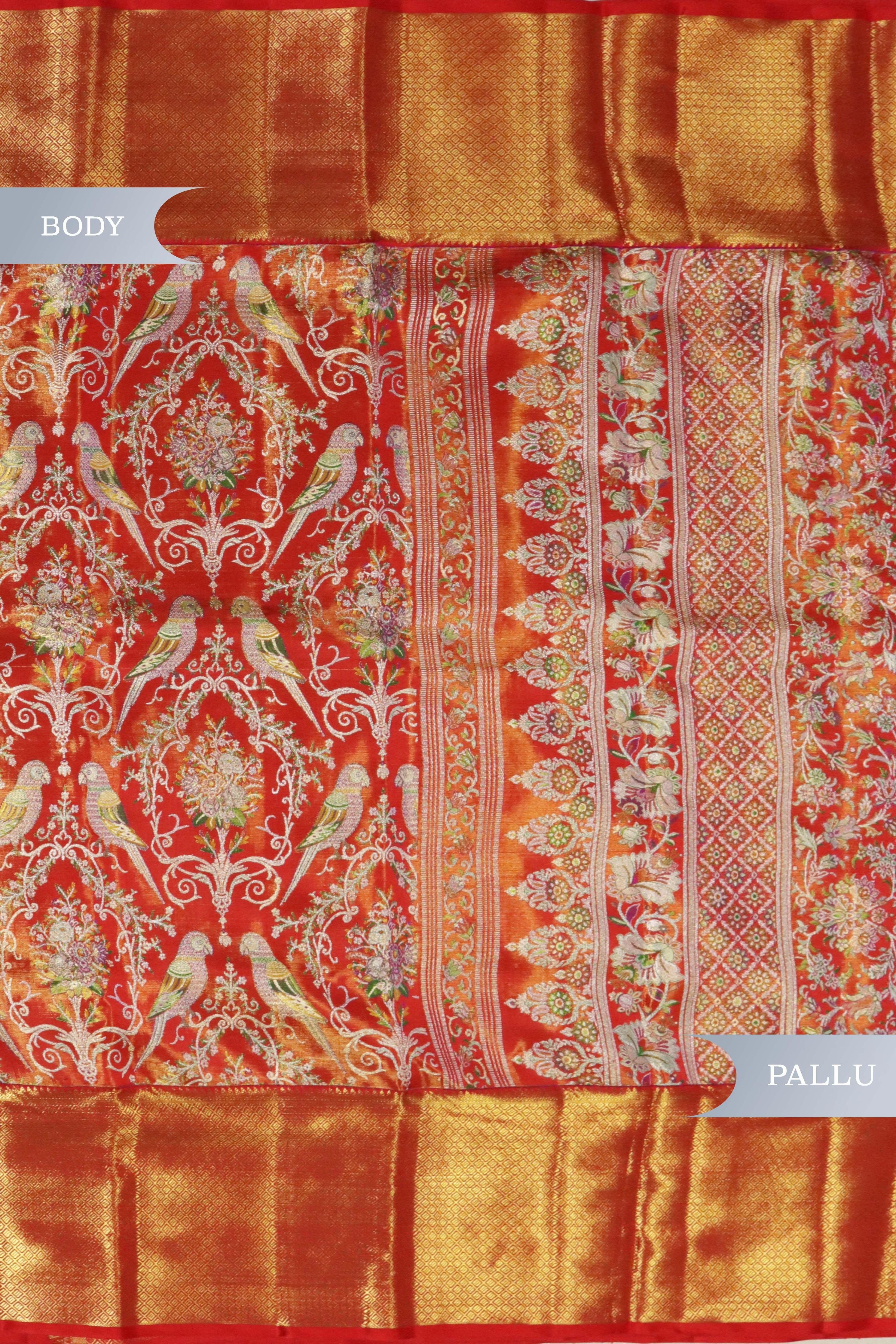 Rust Red Kanchivaram Tissue Silk Saree with Meena Weaving & Zari Border - Mokshaa