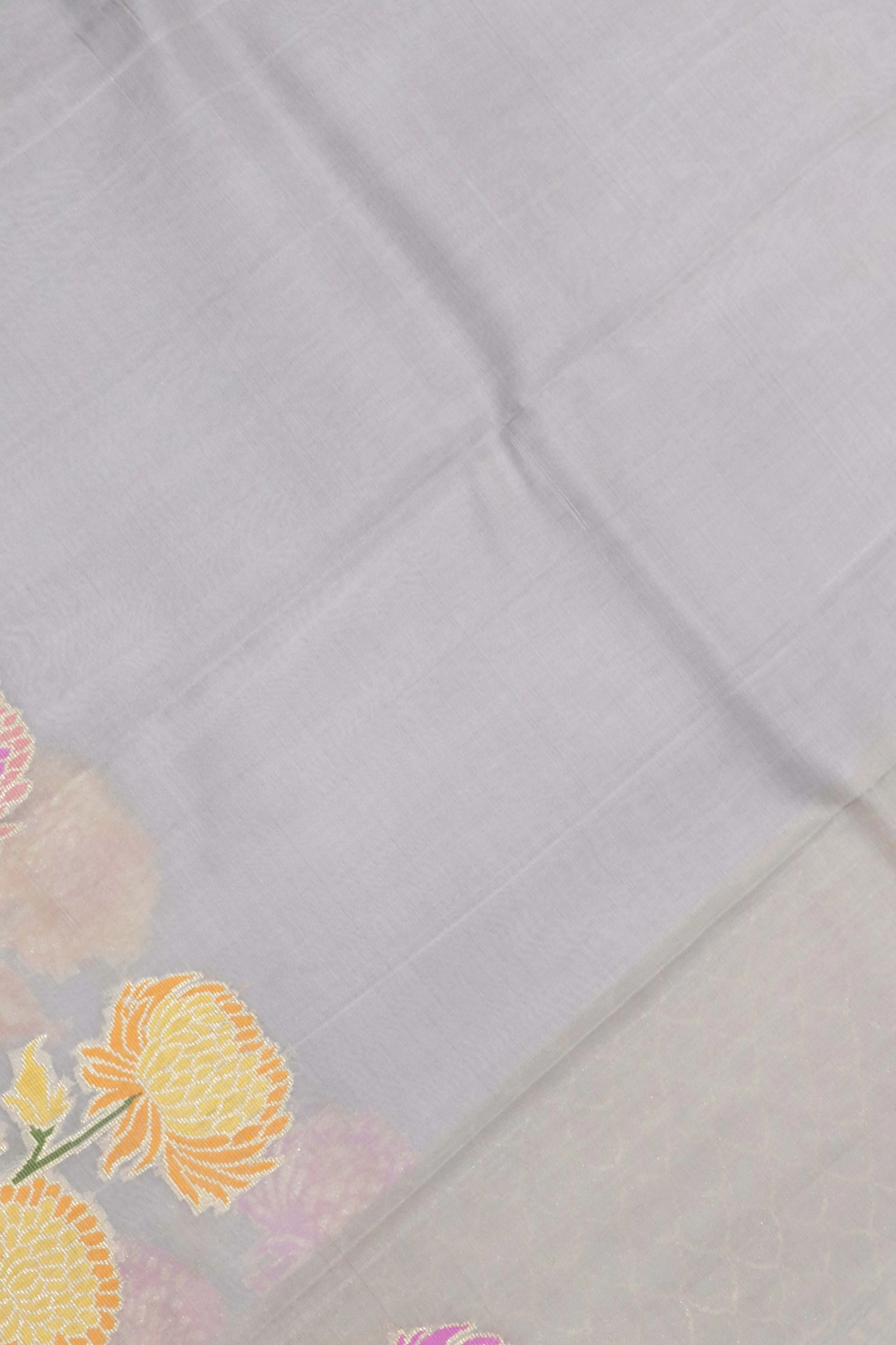 Ash Grey Banarasi Kora Silk Saree with Zari & Thread Woven Border - Mokshaa