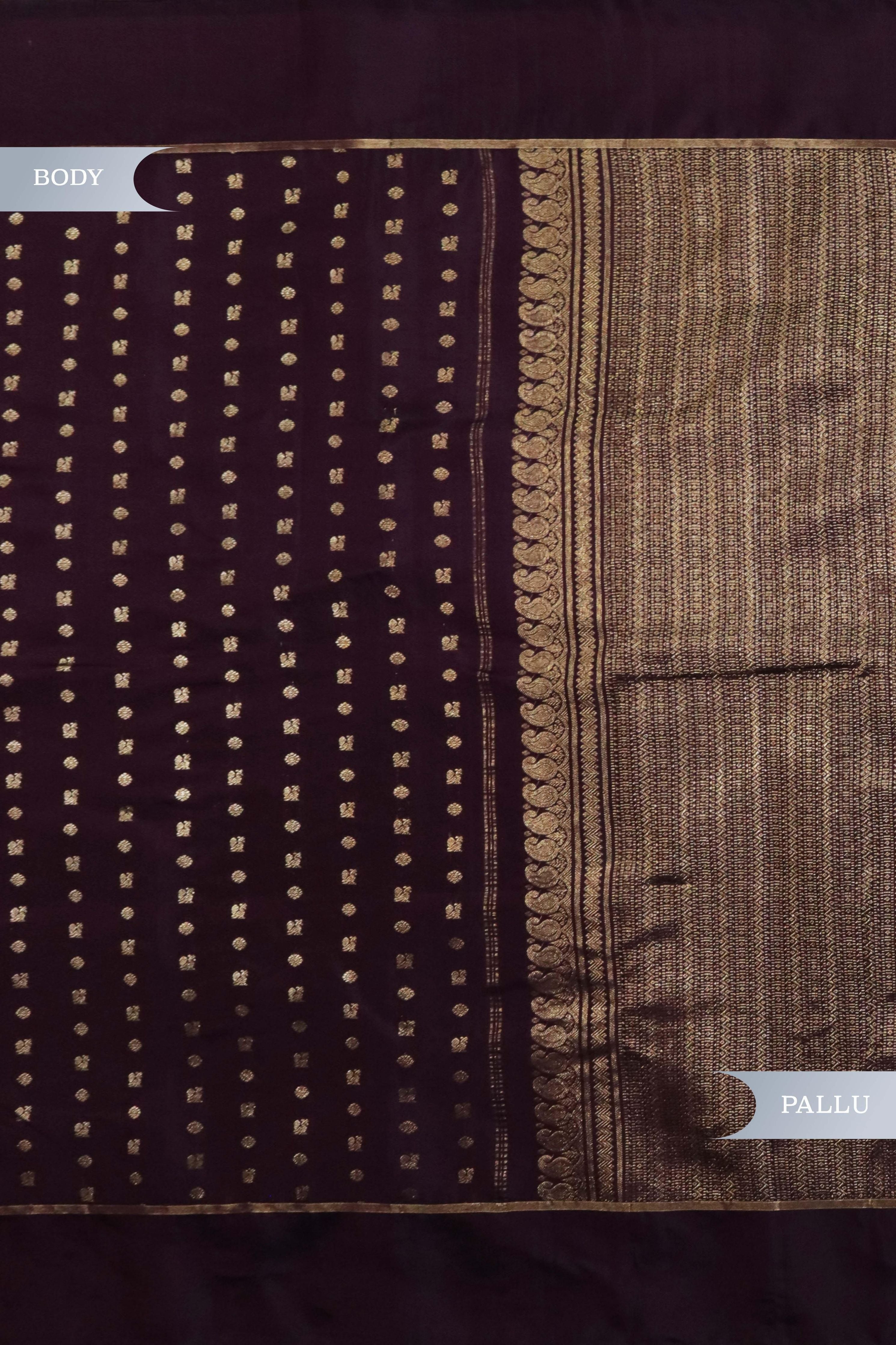 Dark Brown Kanchivaram Silk Saree with Small Zari Buttas & Plain Border - Mokshaa