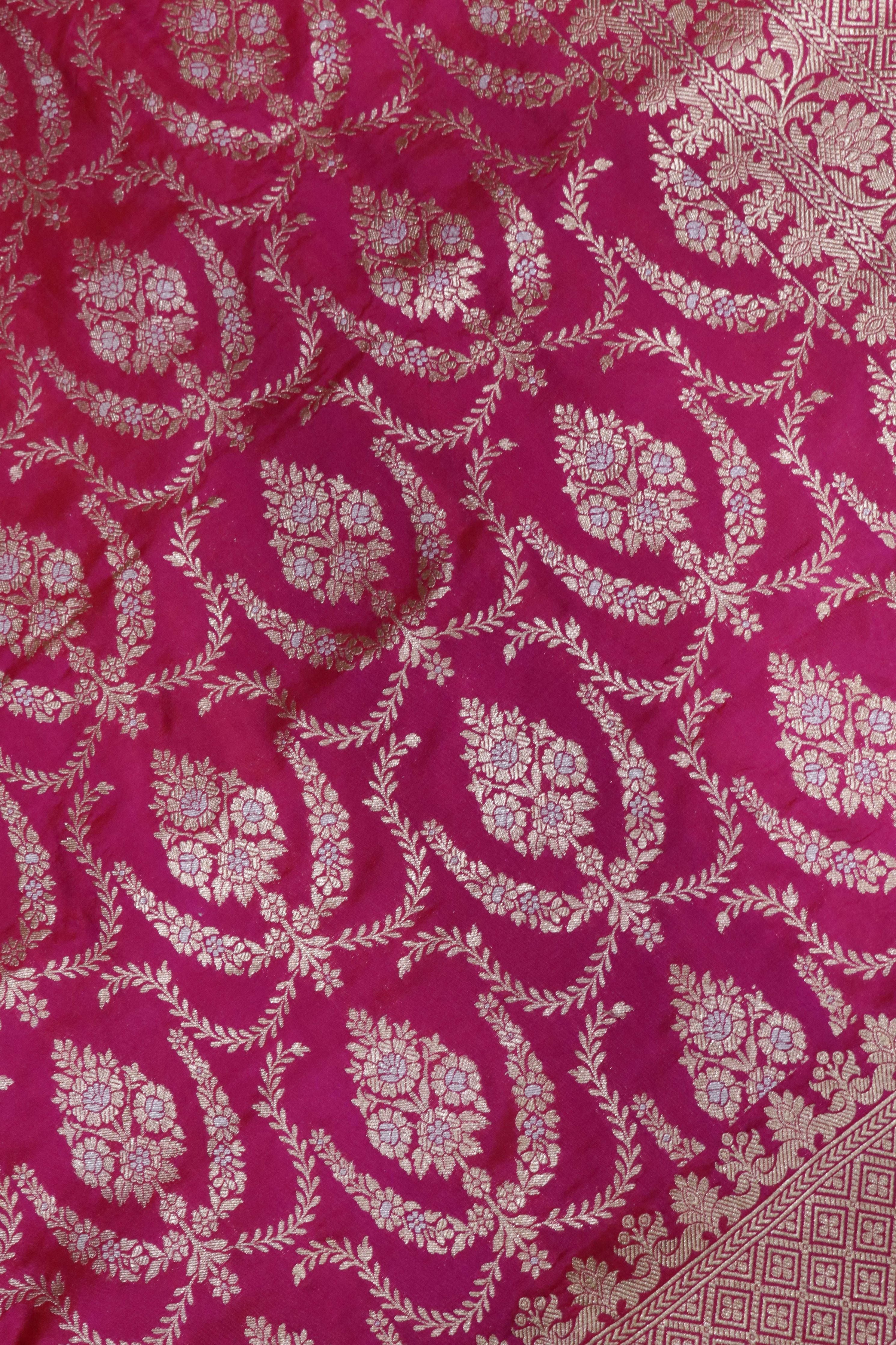Rani Pink Banarasi Silk Saree with Zari Jaal & Intricate Border - Mokshaa