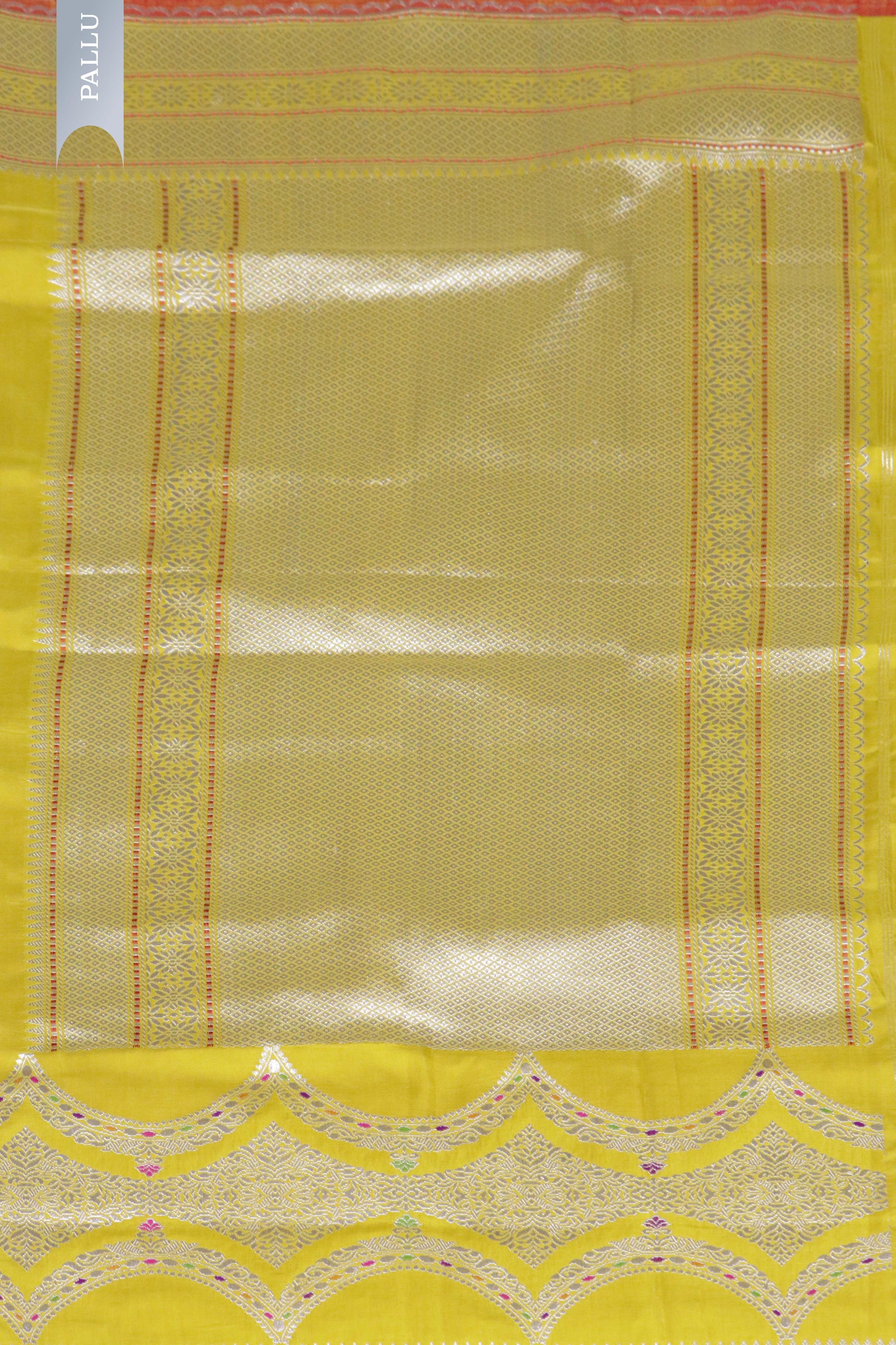 Mustard Yellow Banarasi Silk Saree with Fancy Border & Contrast Blouse - Mokshaa