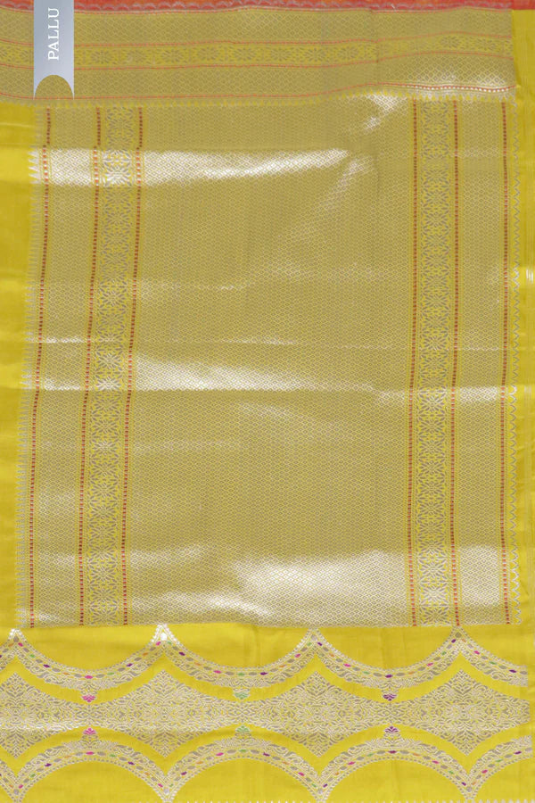 Mustard Banarasi Silk Saree with Fancy Butti and Contrast Blouse | Saree | Mokshaa