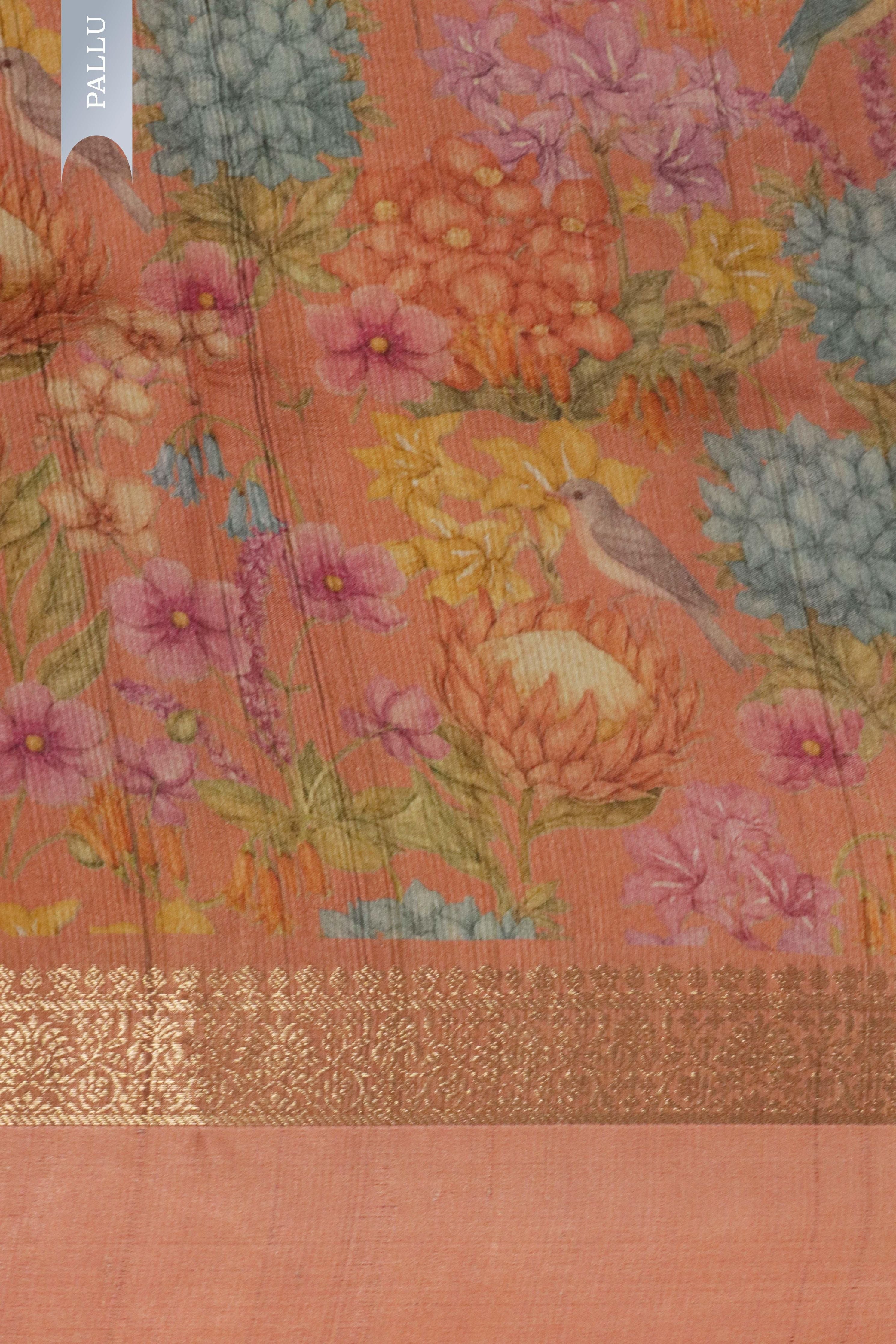 Peach Tussar Silk Saree with Golden Buttas & Floral Printed Border - Mokshaa