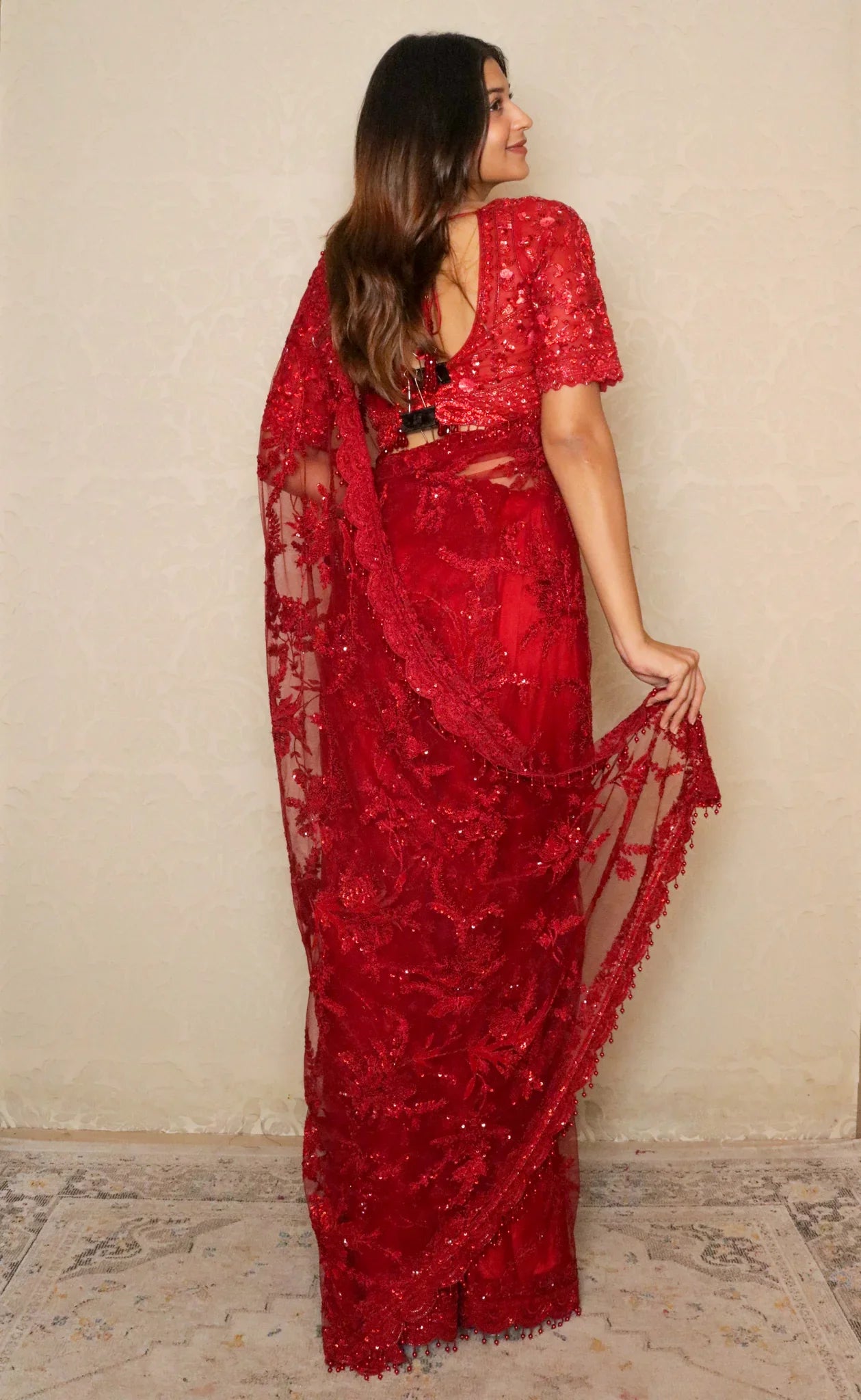 Red Net Saree with Thread & Sequin Embroidery - Mokshaa