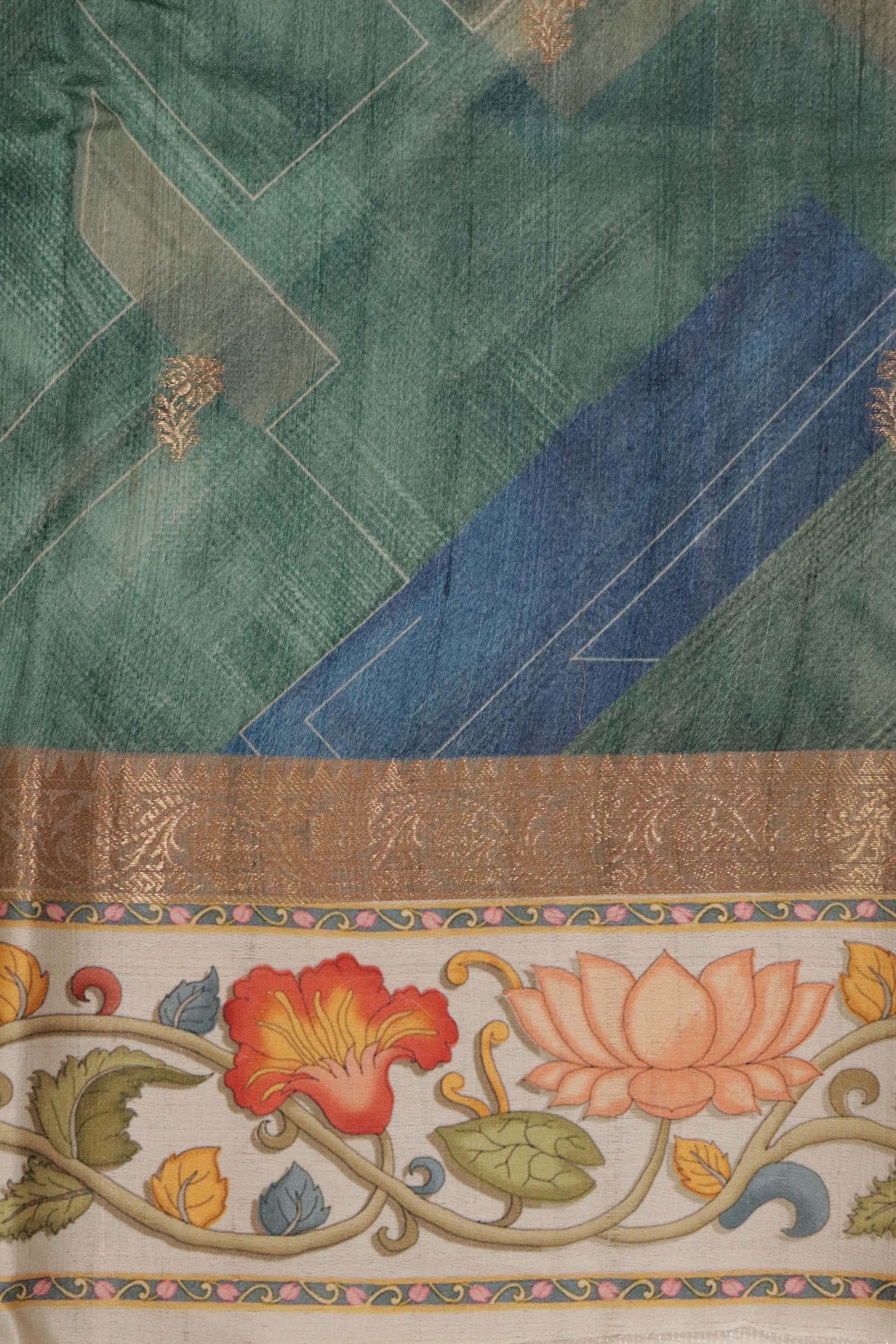 Blue-Green Tussar Silk Saree with Zari Motifs & Printed Border - Mokshaa