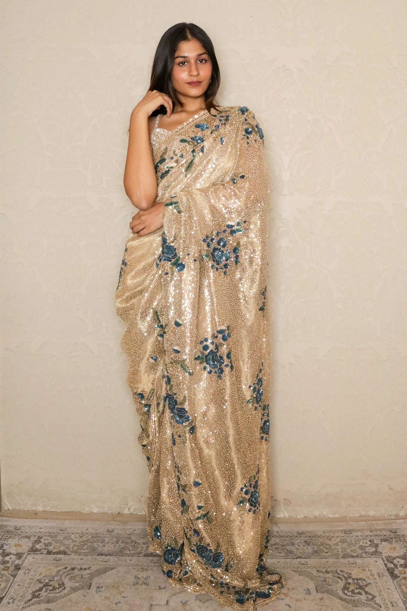 Gold Sequin Organza Saree with Matching Blouse - Mokshaa
