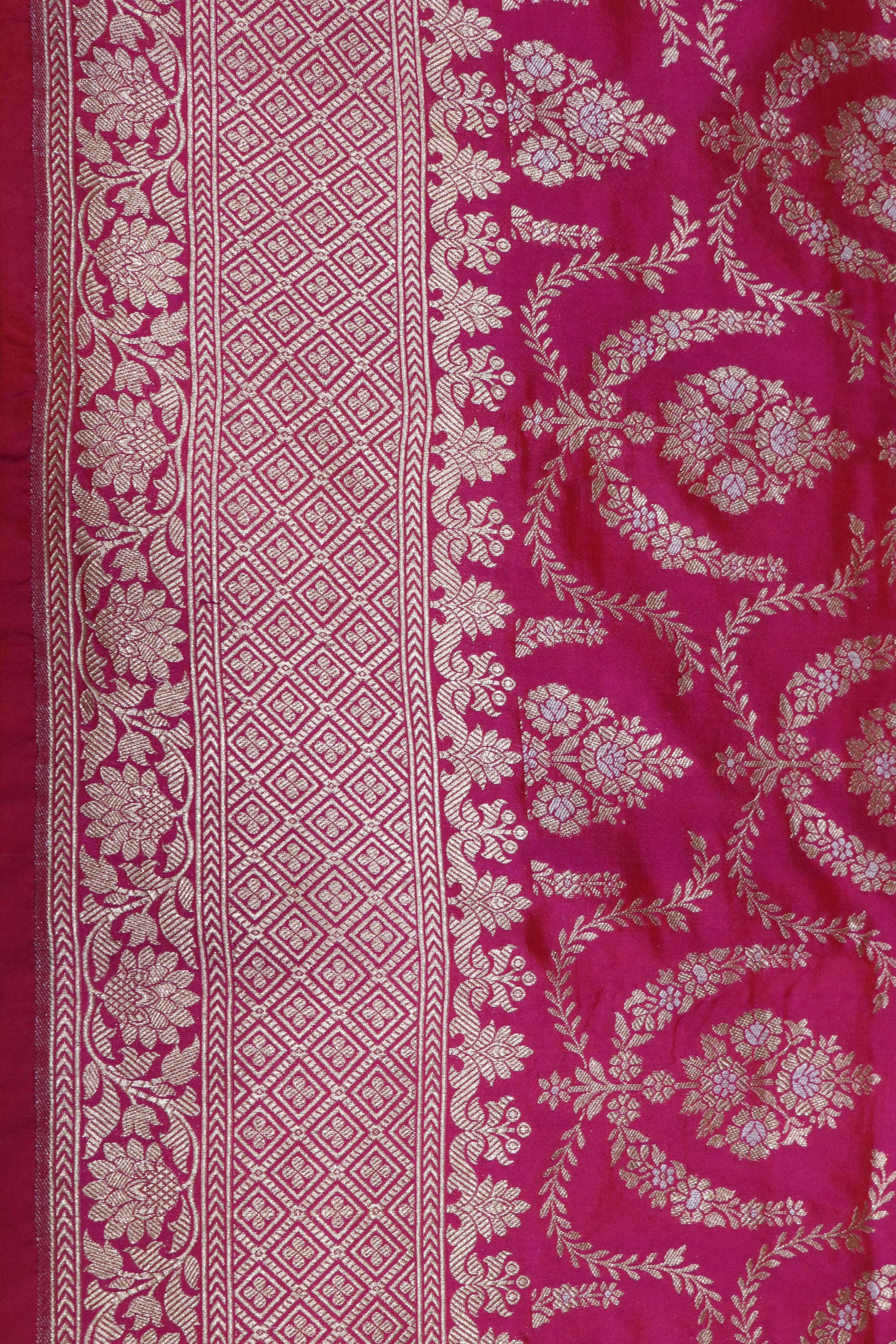 Rani Pink Banarasi Silk Saree with Zari Jaal & Intricate Border - Mokshaa