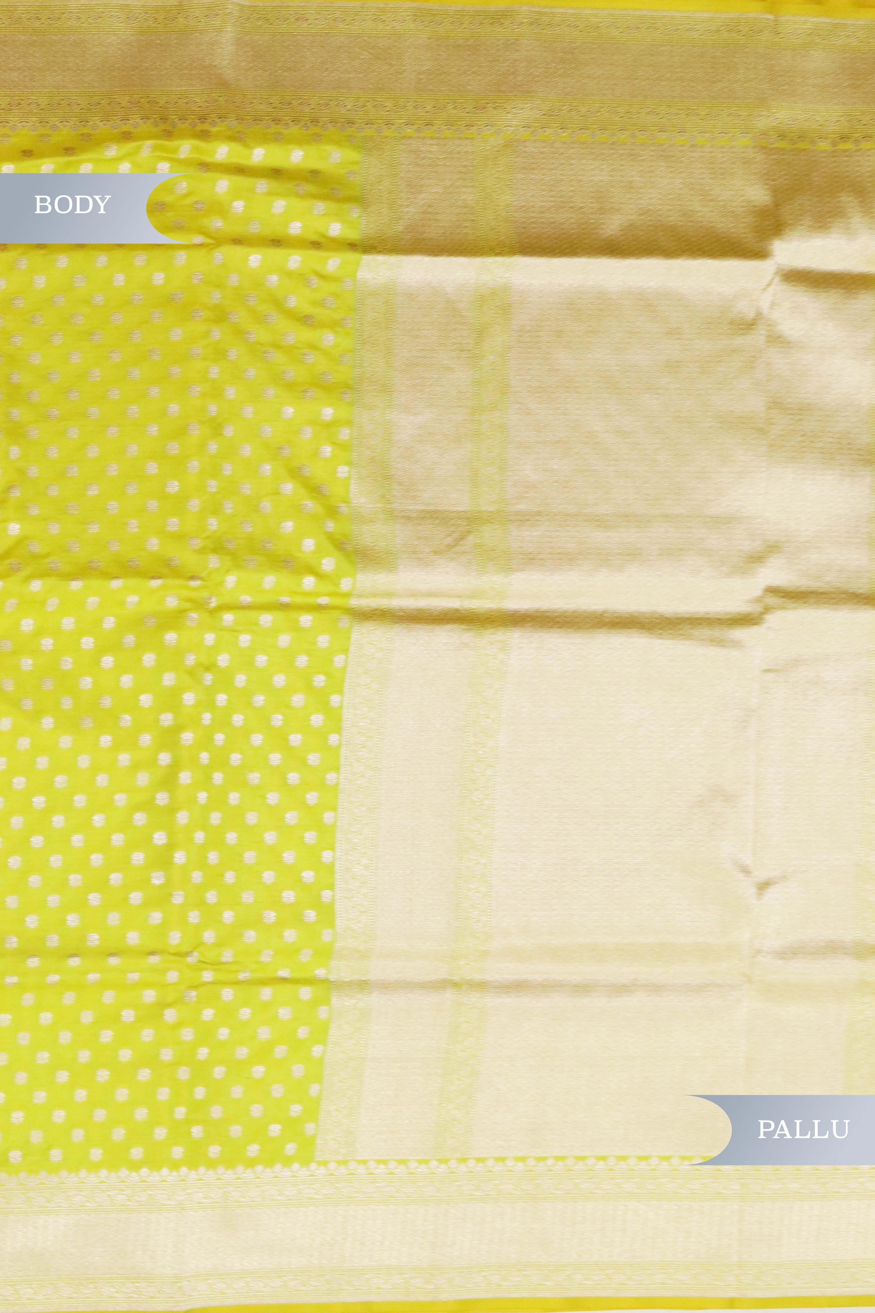 Lemon Yellow Banarasi Silk Saree with Small Butti & Zari Border - Mokshaa