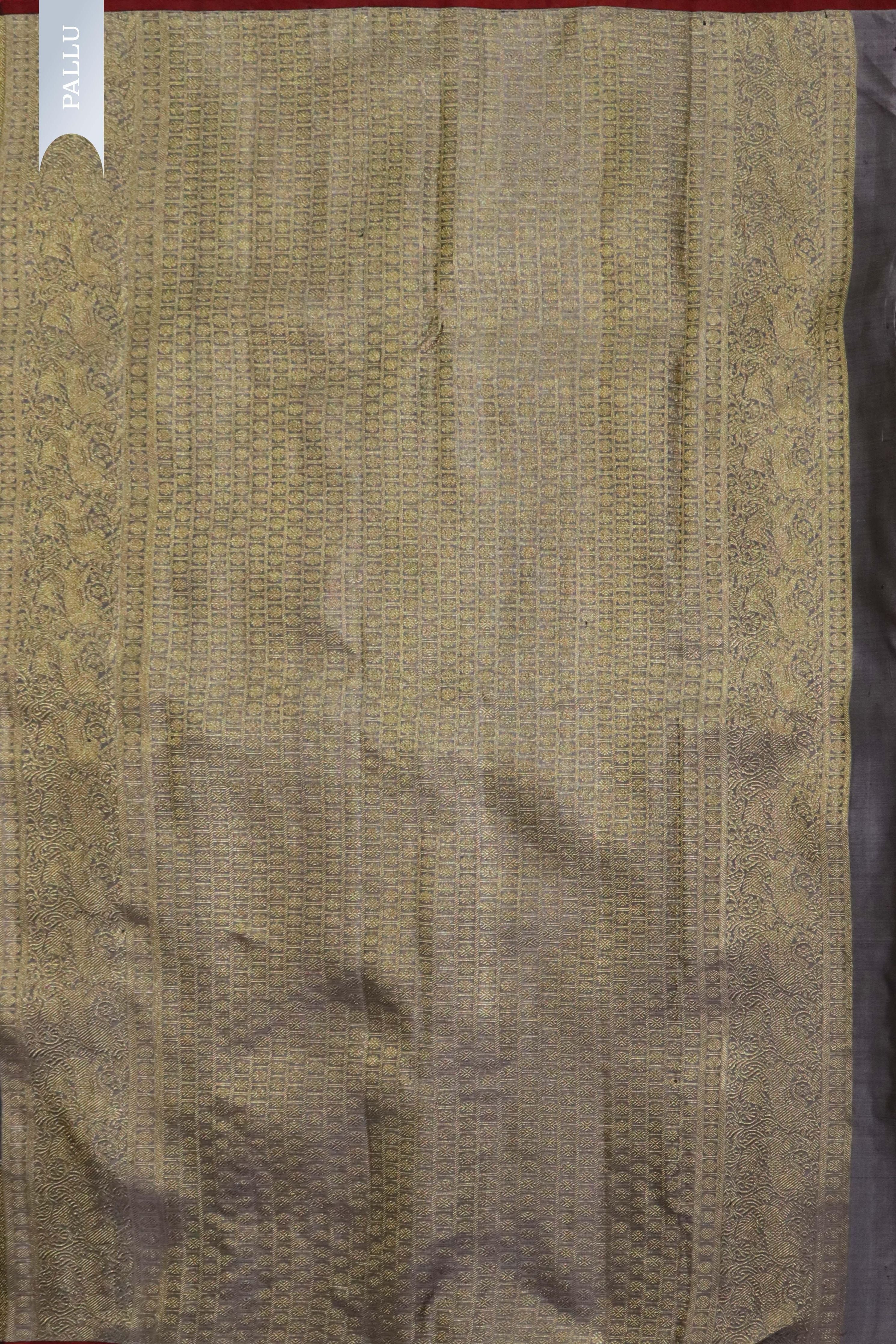 Elephant Grey Kanchivaram Silk Saree with Silver-Gold Border - Mokshaa
