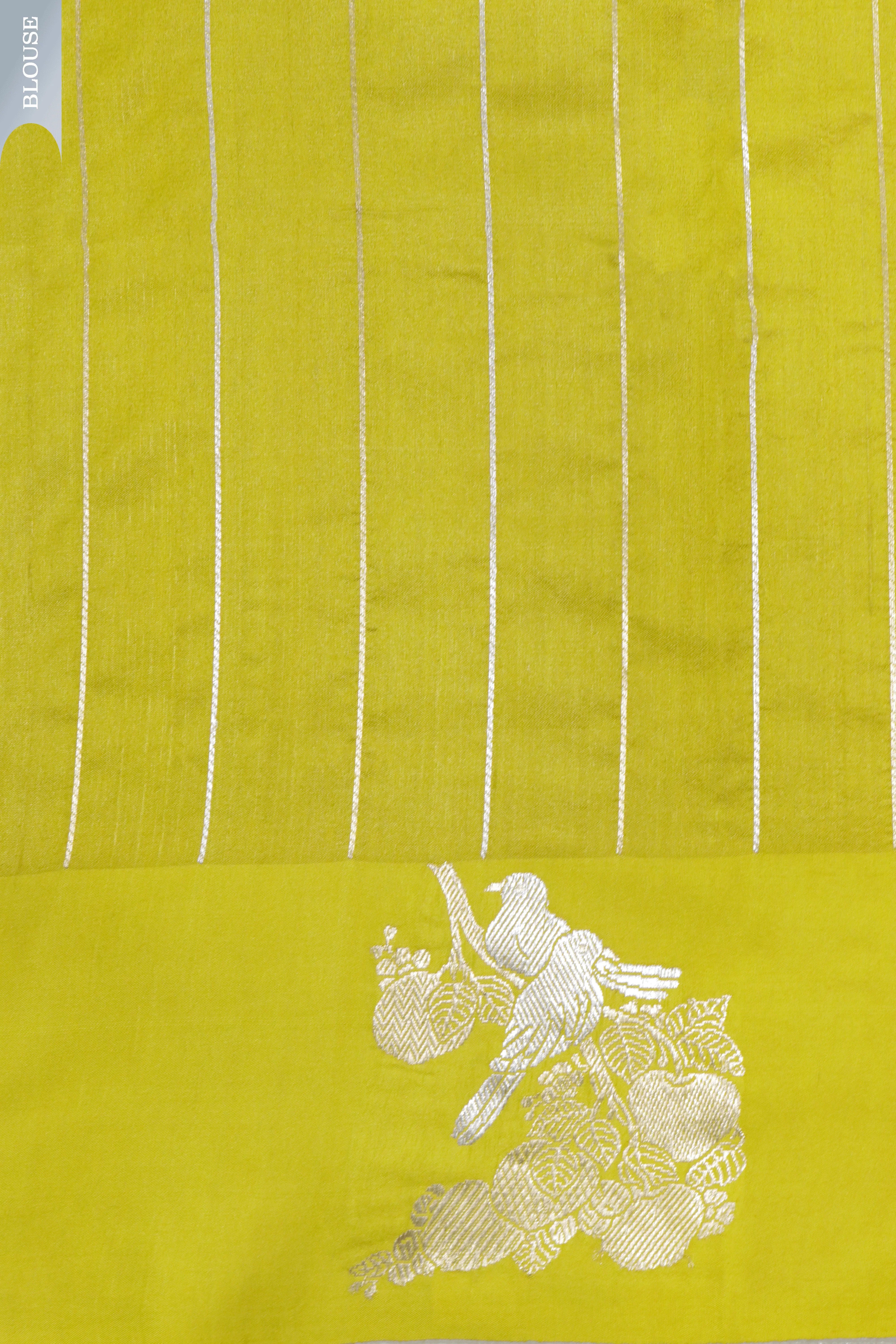 Lime Yellow Banarasi Chanderi Silk Saree with Bird Motif and Satin Border - Mokshaa