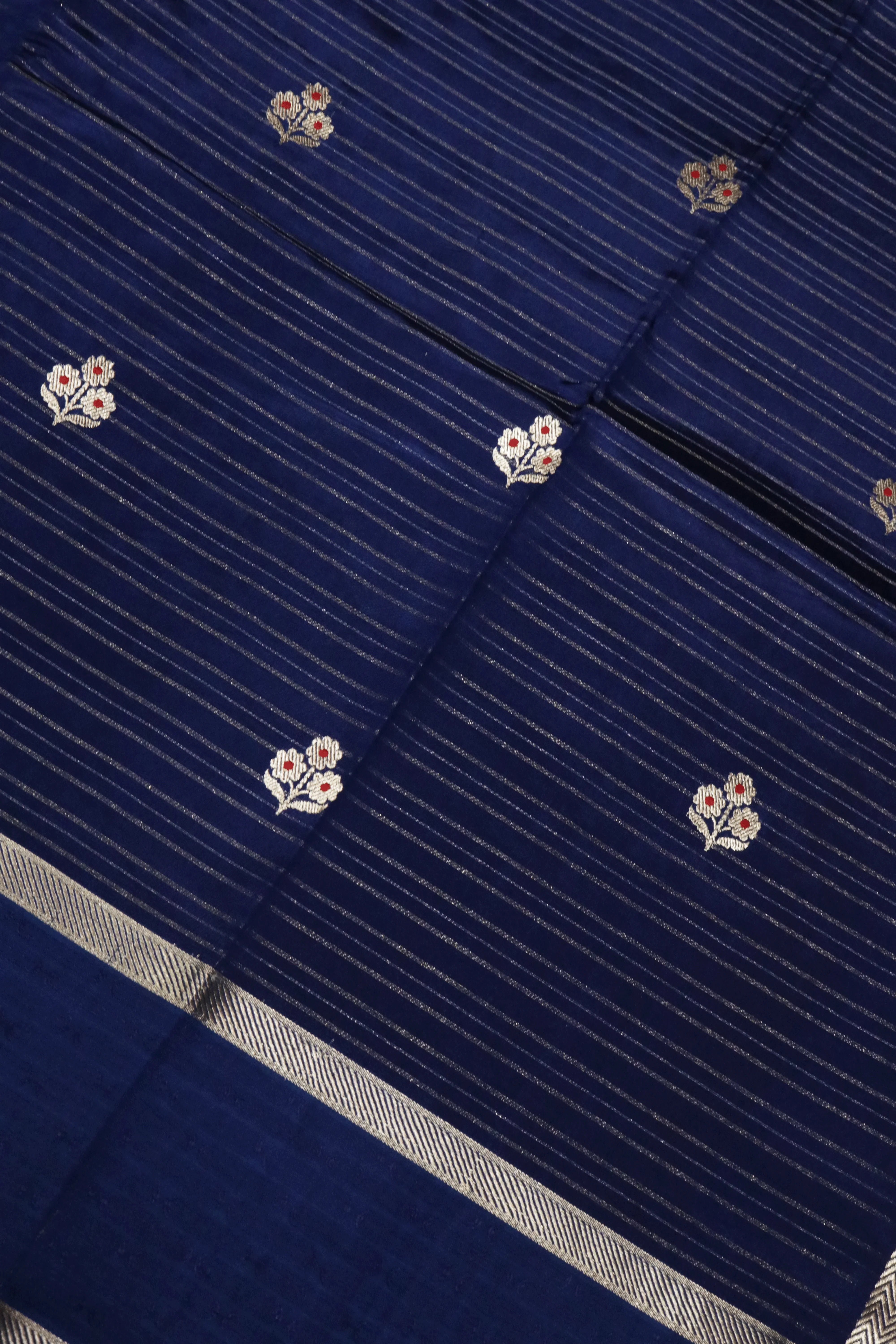 Blue Banarasi Chanderi Silk Saree with Zari Stripes and Butti - Mokshaa